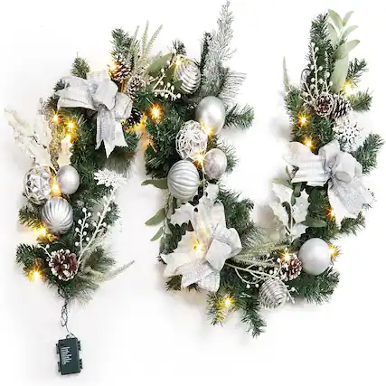 Front. RTMB - 6ft Pre-Lit Christmas Garland with Silver White Balls and Pine Cones - Color: Silver.