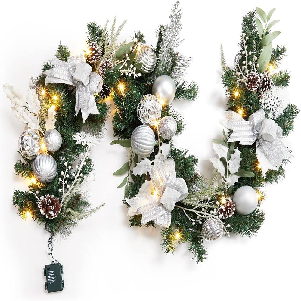 Front. RTMB - 6ft Pre-Lit Christmas Garland with Silver White Balls and Pine Cones - Color: Silver.