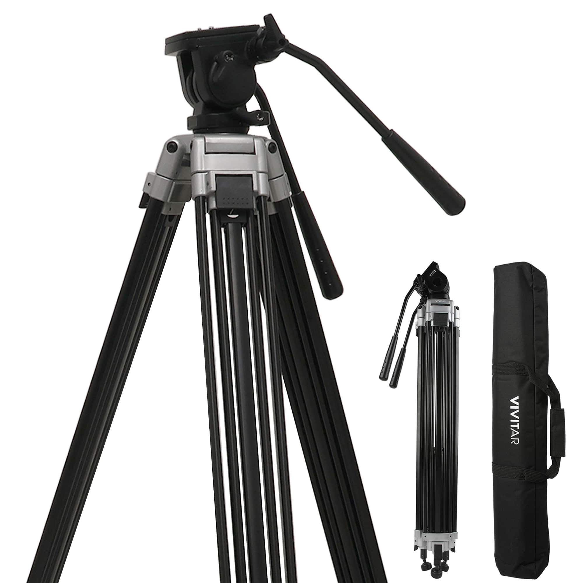 Vivitar - 75" Aluminum Alloy Tripod Twin Handle - Head 360° Panning - 17lbs Load Capacity with Protective Carry Case - Black