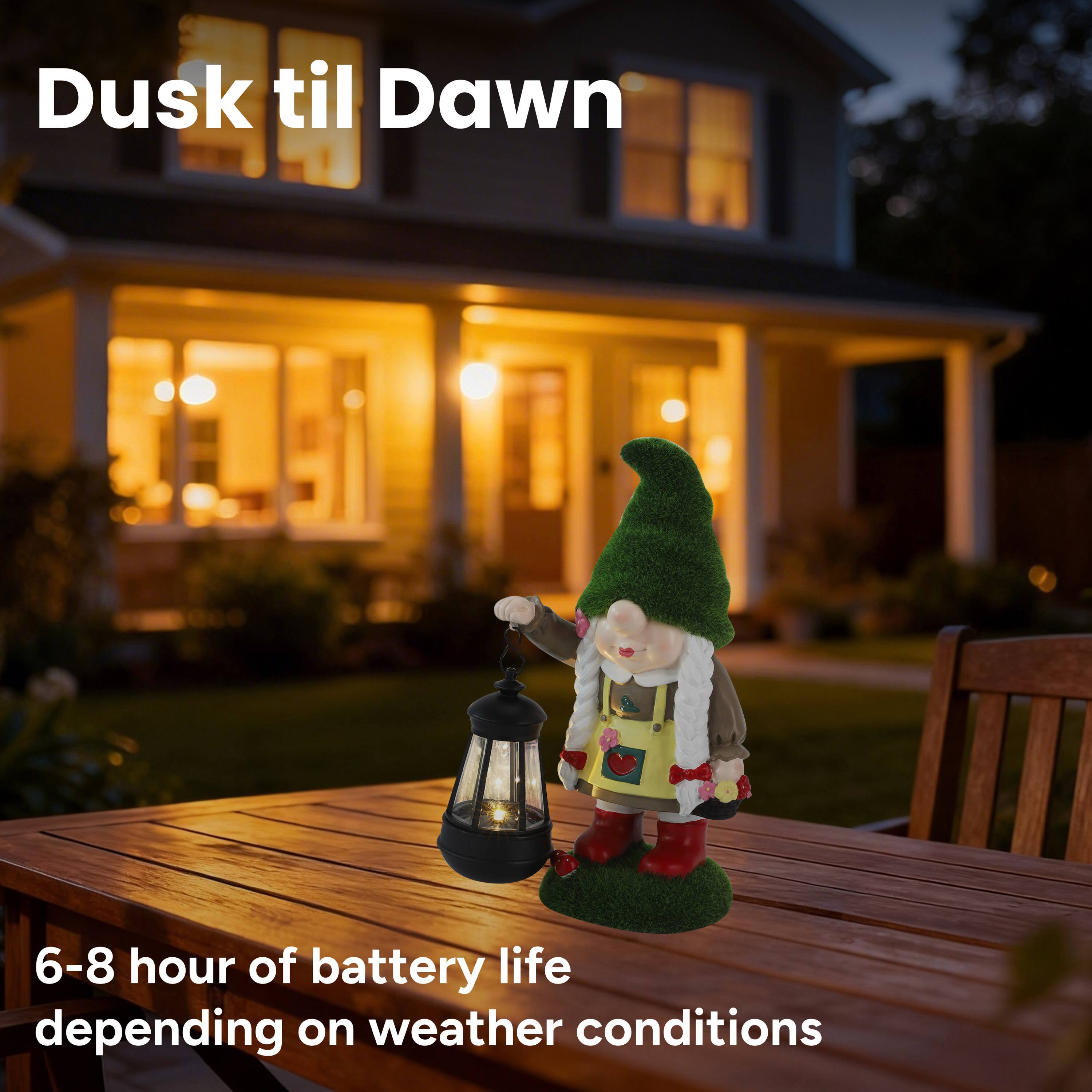 Dusk til Dawn  
6-8 hour of battery life depending on weather conditions