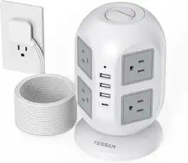 TESSAN - 15 Ft Long Flat Extension Cord Plug,Tower Surge Protector Power Strip with 8 Outlets and 4 USB Ports ( 1USB-C ),Grey - Gray
