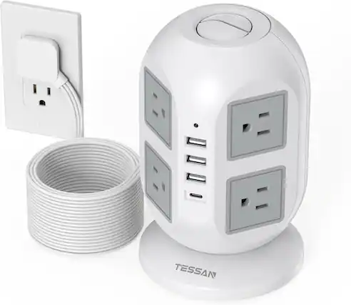 Front. TESSAN - 15 Ft Long Flat Extension Cord Plug,Tower Surge Protector Power Strip with 8 Outlets and 4 USB Ports ( 1USB-C ),Grey - Grey.