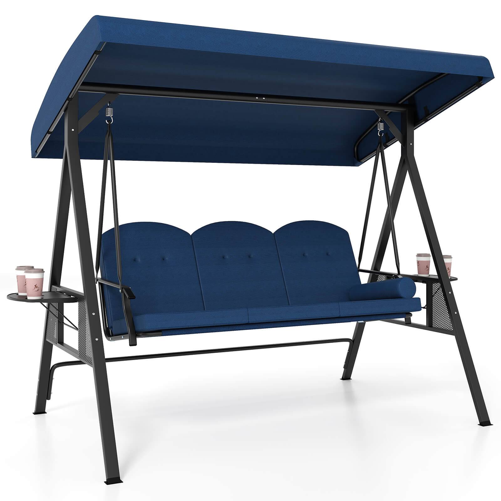 Front. Costway - Costway 3-Seat Patio Swing Chair with Adjustable Canopy Thickened Cushions Pillow - Navy.