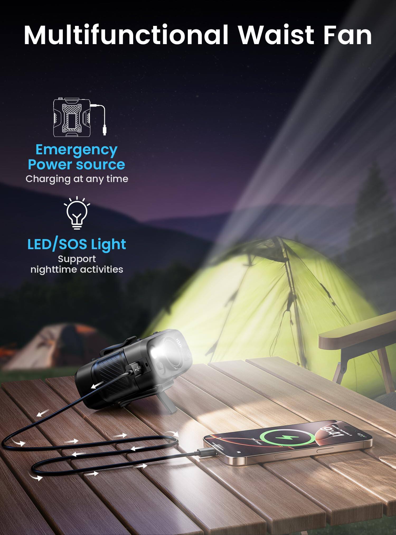 Multifunctional Waist Fan

Emergency Power source
Charging at any time

LED/SOS Light
Support nighttime activities