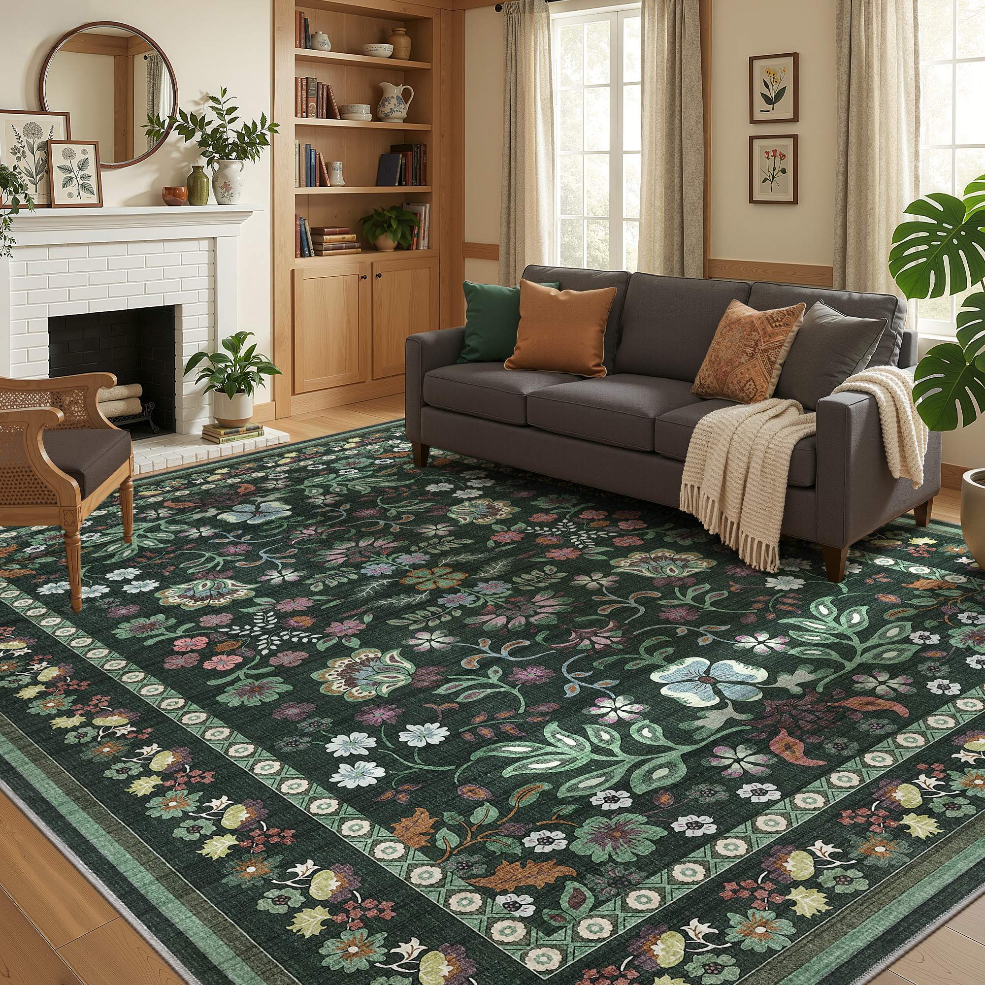 Left. Yardgrace - 8'x10' ft Floral Bohemian Area Rug, Vintage Washable Printed Boho Carpet for Living Room Bedroom - Dark Green.