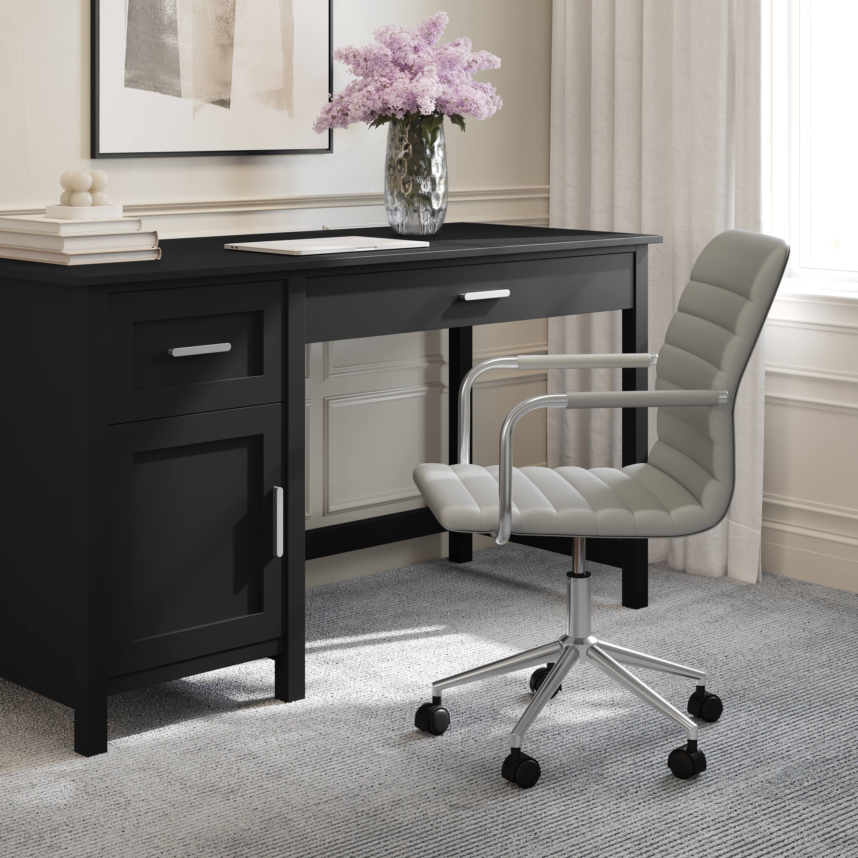Alt View 1. Martha Stewart - Taytum Upholstered Swivel Home Office Chair with Integrated Armrests - Gray Faux Leather/Polished Nickel Frame.