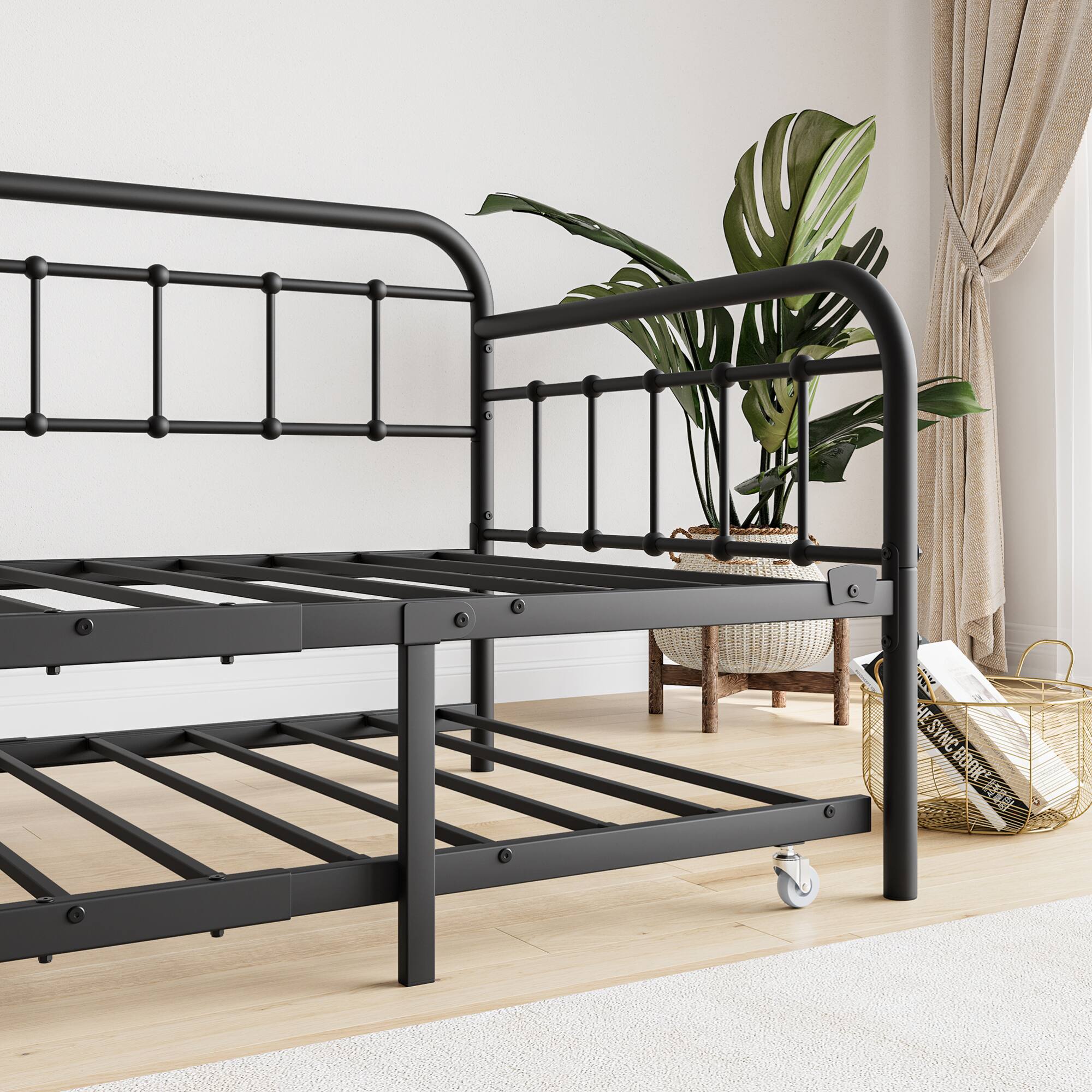 Alt View 1. GOODSILO - Twin Size Metal Daybed Frame with Trundle, Sturdy Steel Slat Support Sleeper Sofa Platform Including Headboard - Black.