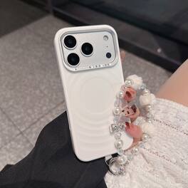 Dteck - Shockproof Wave Texture Phone Case for Apple iPhone 17 Pro Max with Pearl Beaded Wrist Strap, Magnetic Protective Cover - White