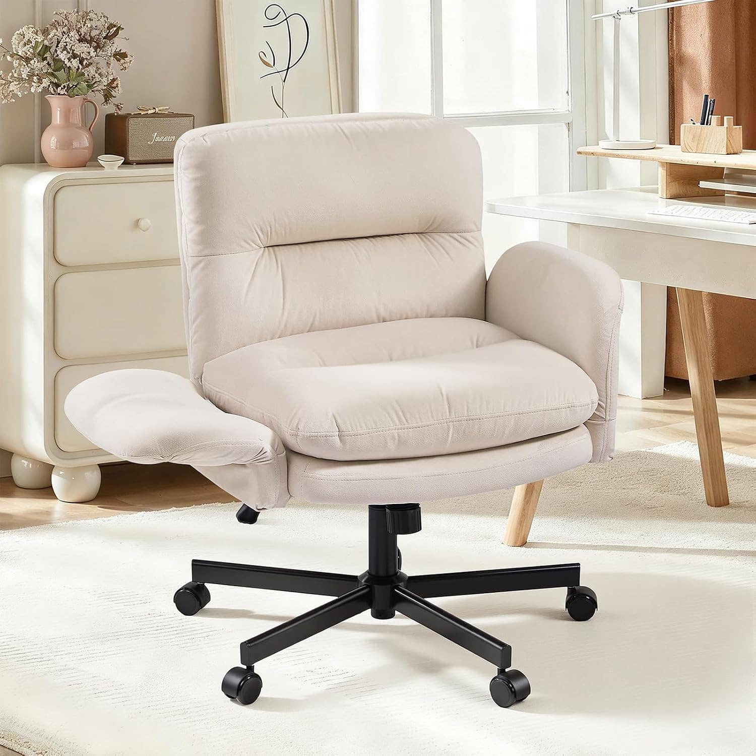 Front. Bestier - Criss Cross Office Chair, Flip-Up Armrest Swivel Desk Chair with Wheel, Ergonomic Computer Chair for Study Makeup Gaming - White.