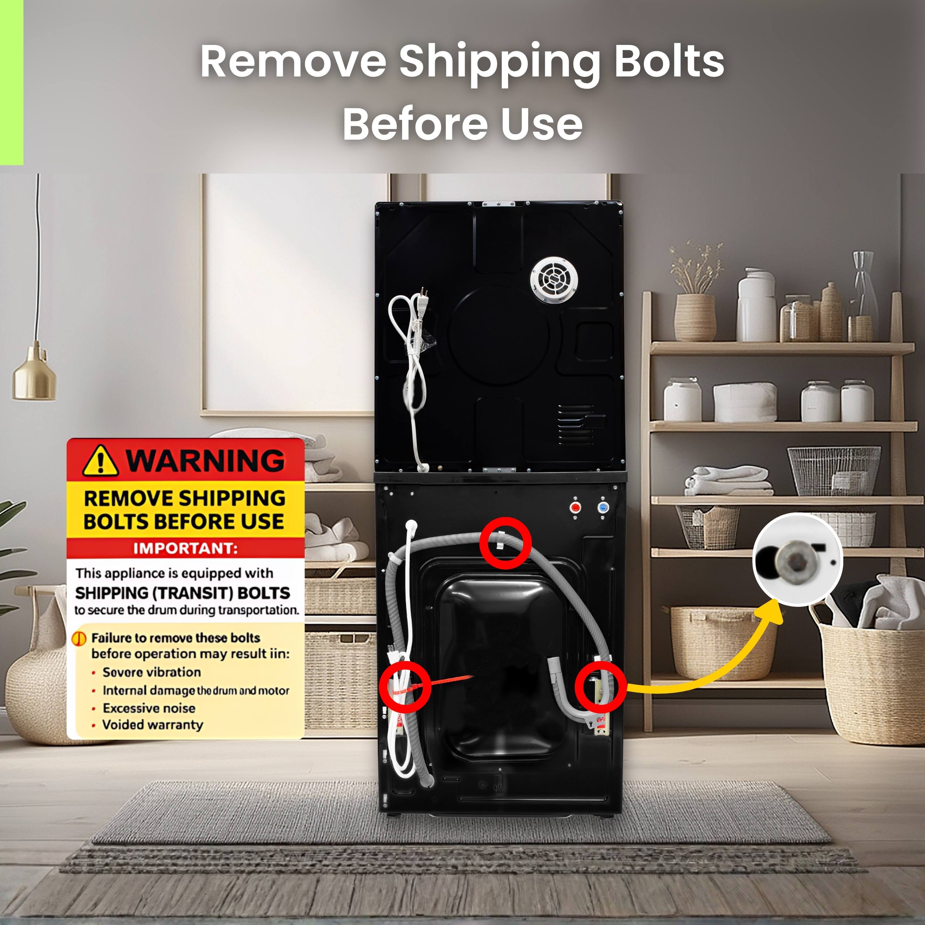 Remove Shipping Bolts Before Use

WARNING: REMOVE SHIPPING BOLTS BEFORE USE

IMPORTANT: This appliance is equipped with SHIPPING (TRANSIT) BOLTS to secure the drum during transportation. Failure to remove these bolts before operation may result in:
- Severe vibration
- Internal damage to the drum and motor
- Excessive noise
- Voided warranty