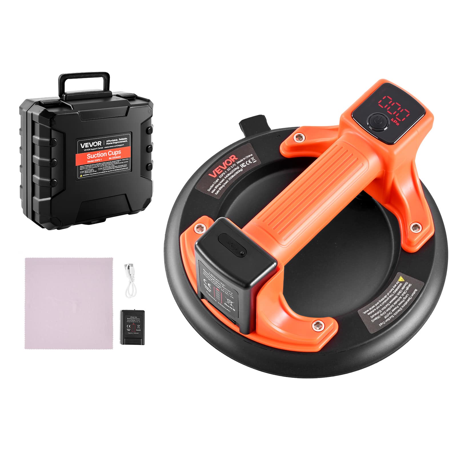 VEVOR - Electric Suction Cup, 8-Inch Vacuum Glass Lifter with Digital Display for Suction Power & Battery Level, 440 lbs Max - Orange;Black price history on PriceWatchPro