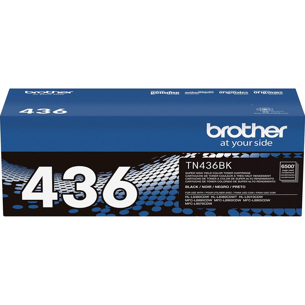 brother  
at your side  

436  

TN436BK  
6500  
SUPER HIGH YIELD COLOR TONER CARTRIDGE  
CARTOUCHE DE TONER COULEUR A TRES MAUT RENDEMENT  
CARTUCHO DE TONER A COLOR DE SUPER ALTO RENDIMIENTO  
CARTUCIO DE TONER COLOR DE SUPER ALTO RENDIMENTO  

BLACK / NOIR / NEGRO / PRETO  

FOR USE WITH / POUR UTILISER AVEC / PARA USO CON / PARA USO COM  
HL-L8360CDW HL-L8360CDW HL-L9310CDW  
MFC-L8900CDW MFC-L8900CDW MFC-L890SCDW  
MFC-L9570CDW