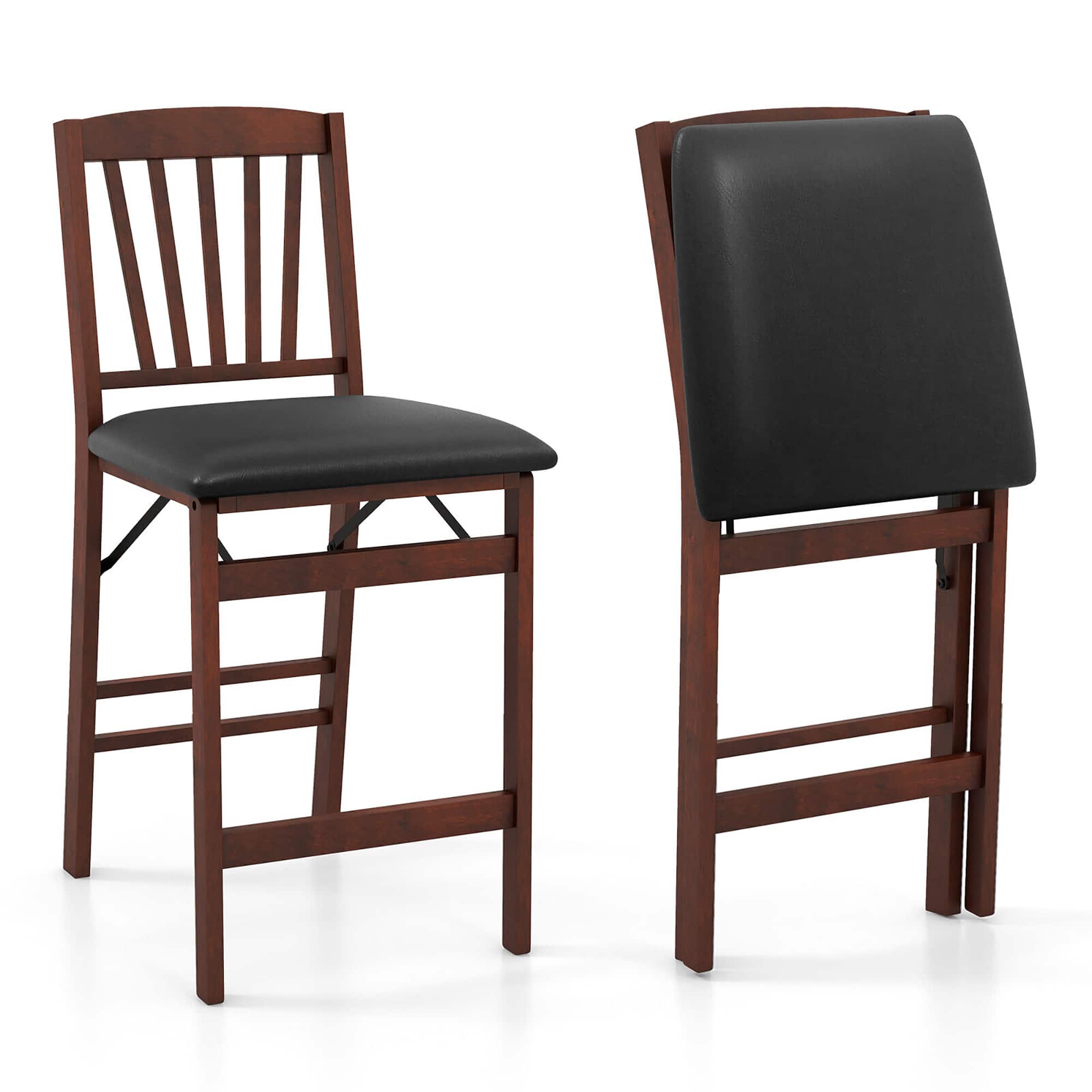 Gymax - Set of 2 Counter Height Chairs Folding Kitchen Island Stool w/ Padded Seat - Black & Brown