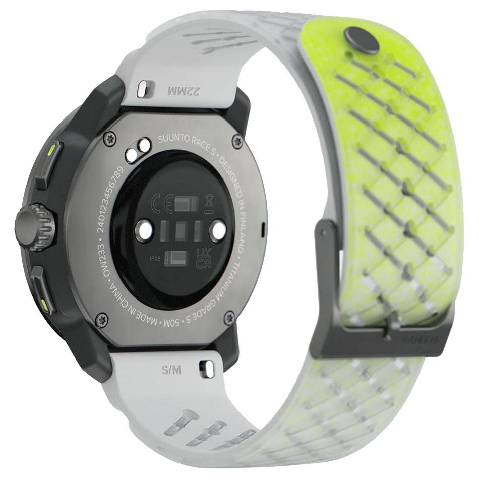 22MM  
SUUNTO RACE S  
240123456789  
DESIGNED IN FINLAND  
OW233  
IPX8  
MADE IN CHINA  
TITANIUM NI GRADE  
50M  
S/M