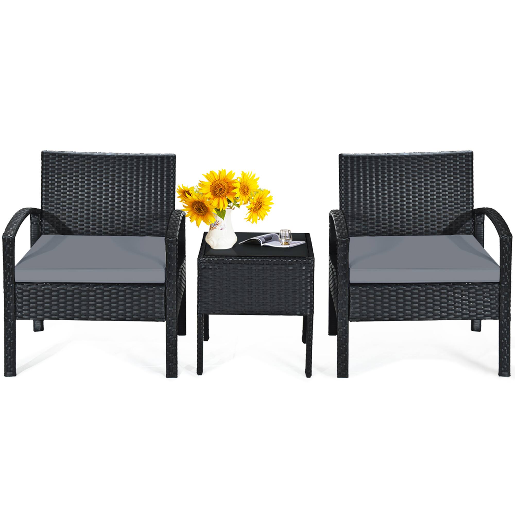 Alt View 1. Gymax - Gymax 3PCS Patio Rattan Conversation Furniture Set Outdoor Yard w/ Grey Cushions - Black.