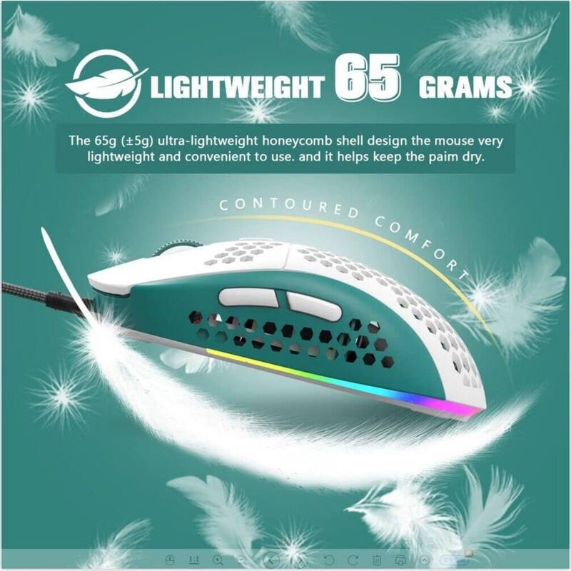 LIGHTWEIGHT 65 GRAMS

The 65g (±5g) ultra-lightweight honeycomb shell design makes the mouse very lightweight and convenient to use. It helps keep the palm dry.

CONTOURED COMFORT