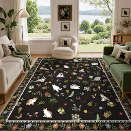 KERDOM - 8x10' Extra Large Area Rug, Cat-Themed Floral Carpet for Living Room & Master Bedroom, Rubber Backing, Machine Washable - Black