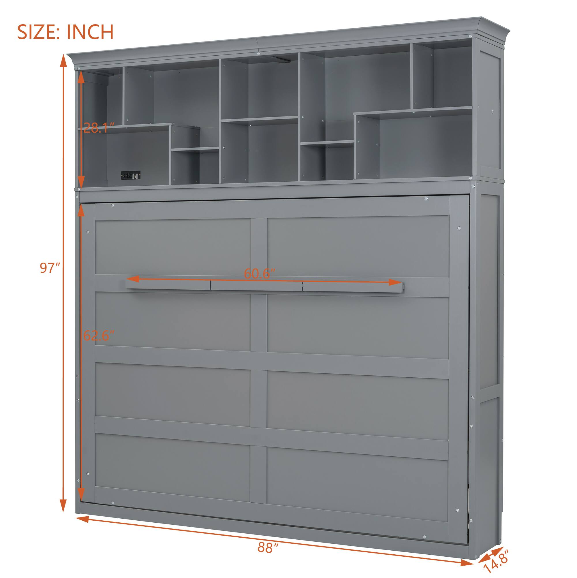 SIZE: INCH  
- Height: 97"  
- Width: 88"  
- Depth: 28.1"  
- Shelf Depth: 60.6"  
- Drawer Depth: 62.6"  
- Drawer Height: 14.8"