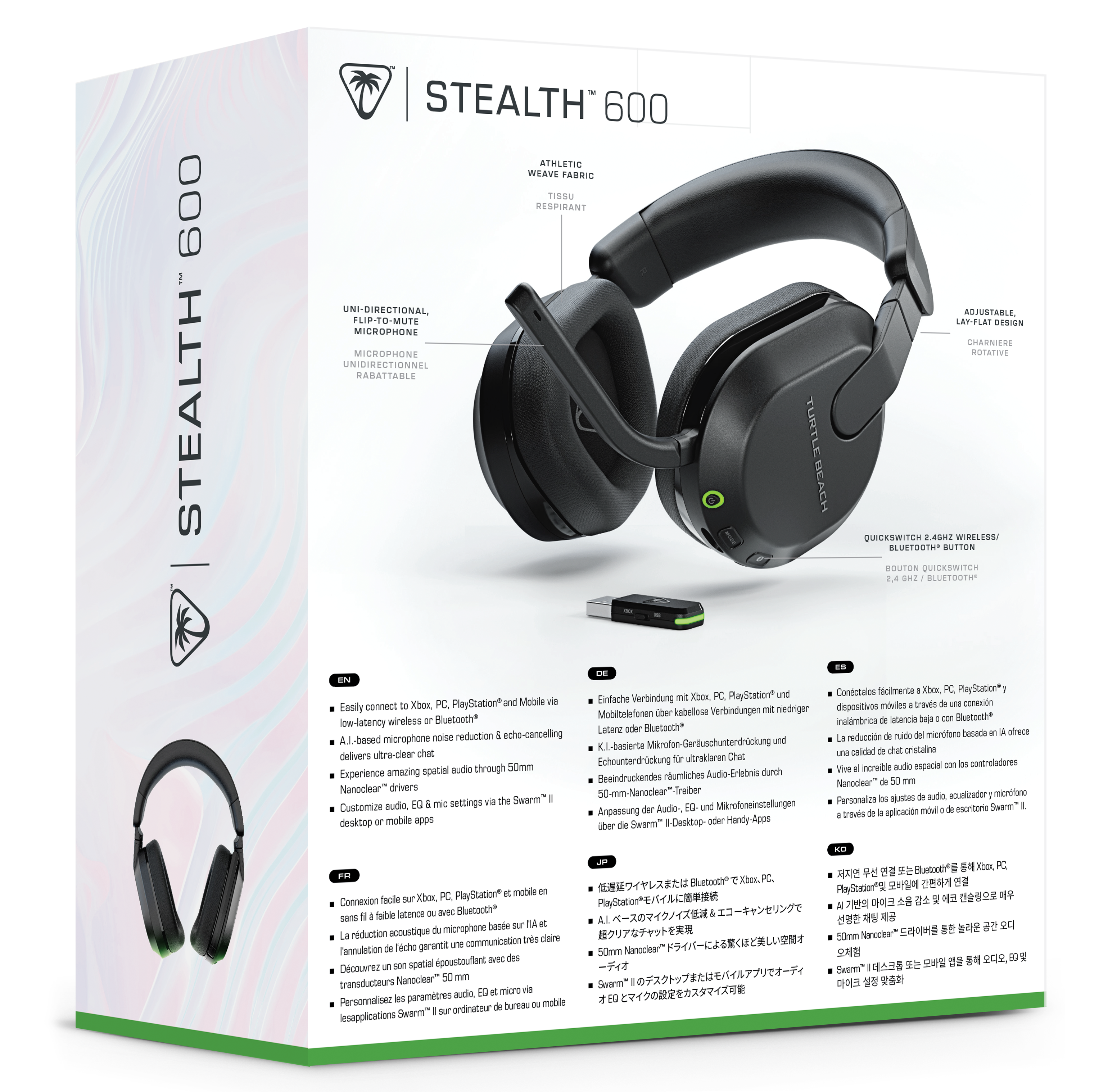 Stealth 600 STEALTH 600 ATHLETIC WERVE FABRIC FISSU RESPIRANT UNI-DIRECTIONAL FLIP-TO-MUTE MICROPHONE MICROPHONE UNIDIRECTIONAL RADATTABLE TURTLE BEACH ADJUSTABLE LAF-FLAT DESIGN CIARNERE ROTATIVE QUICKSWITCH 8 WISELESS BLUETOOTEN BUTTON BOUTON pUIcssaTL an2 BLUETDOTW me Kbox PC PlayStation und Mobile Einache Verbindung Easly connect bx PC PlaySitation* am nedriger Mobiltelefonen ber kabellose Verbindungen ow-latency wireless Buetooth* Latard oder Ruetoth* E-bansed microphone noise reduction echo-canceling und L-baserte rofon-Gerluschurterdrckung delivers itre-dear chat utraklaren Chet Echounterdrckung fr spotial audo through 50mm Experience amazing Audio-Eriebnis durch Beeindruckendes Nanocleor drivers 50-mm-Nanoclear"Treber to mc settings via the Swarm Mikrofoneinstellungen Customize audio. der Aude E0 und Anpassung desksop mobile a0ps Swarm" oder (er Conctalos clmente Xbok PC PayDation*y dispositivos movies Davs conexion inalambrice at