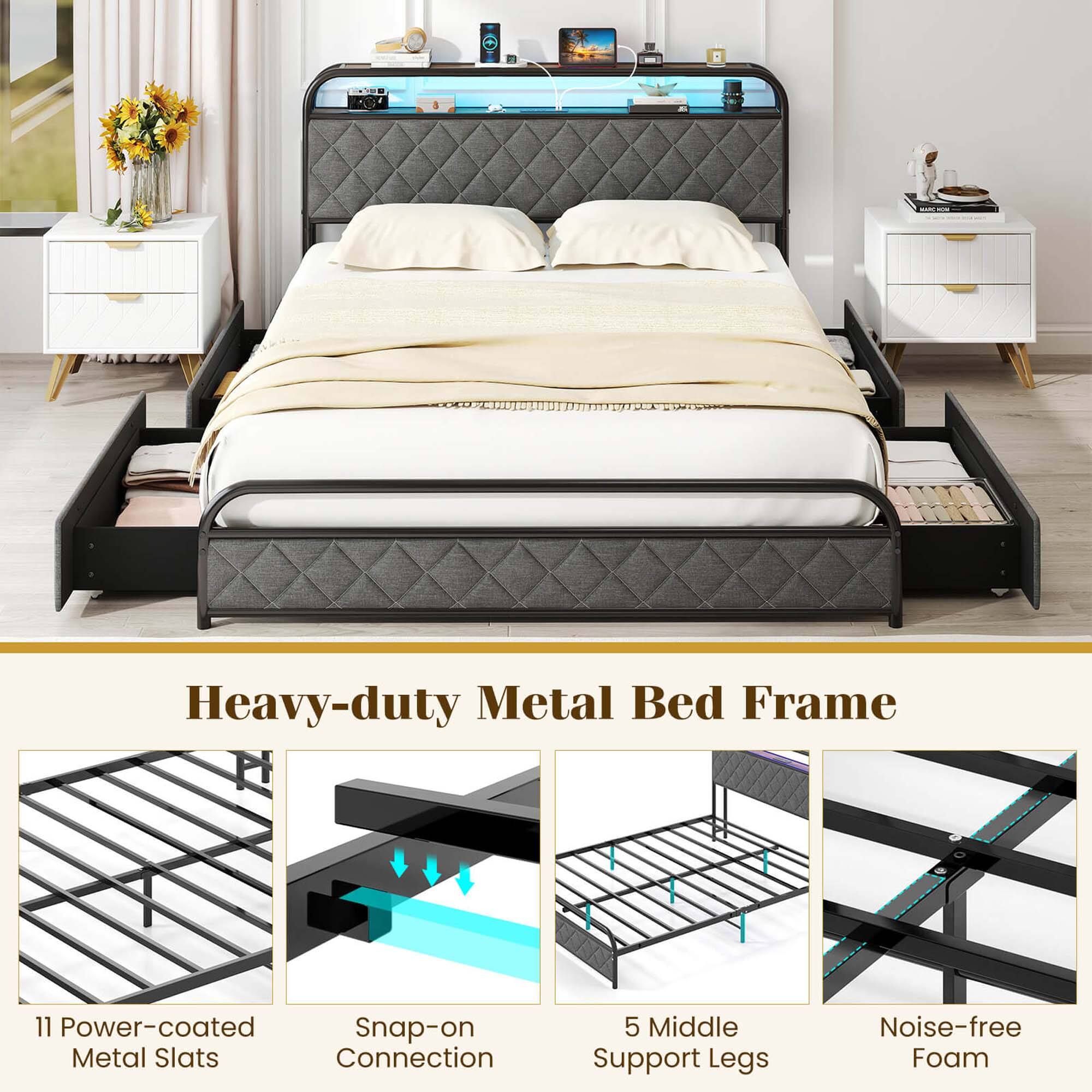 The text on the image reads: "Heavy-duty Metal Bed Frame 11 Power-coated Snap-on Metal Slats Connection 5 Middle Support Legs Noise-free Foam."