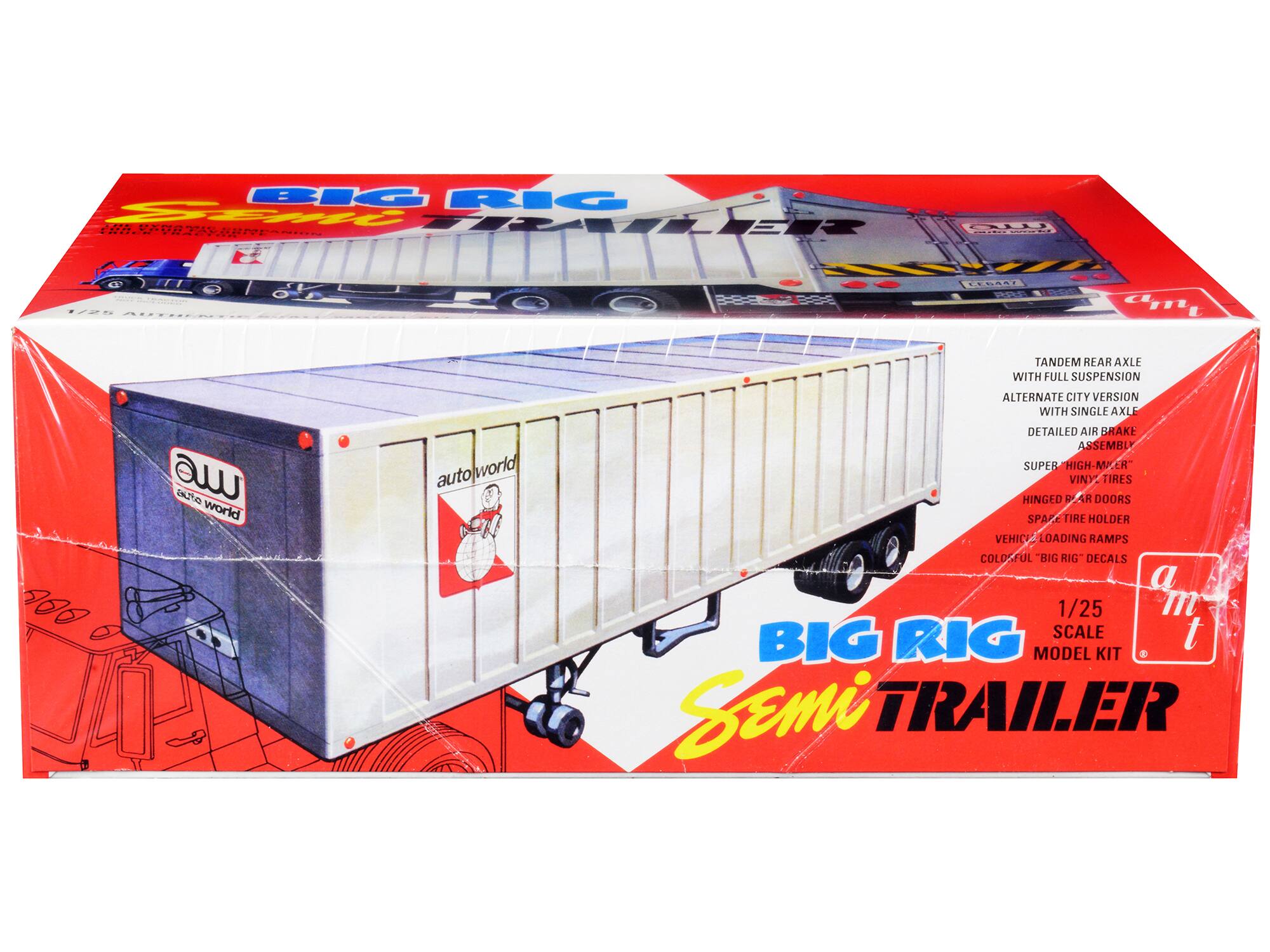 BI RI 16 TRAILER 12 V | T V22% ............ TESAL .. CmL ... L TANDEM REAR AXLE WITH FULL SUSPENSION ALTERNATE CITY VERSION WITH SINGLE AXLE 200 a autho world autojworld auto DETAILED AIR BRAKE ASSEMBLY SUPER HIGH MER VINY TIRES HINGED 5 AR DOORS SPAE TIRE HOLDER VEHIC LOADING RAMPS COLD-FUL "BIG RIG" DECALS a 1/25 m SCALE t BIG RIG MODEL KIT SEMI TRAILER