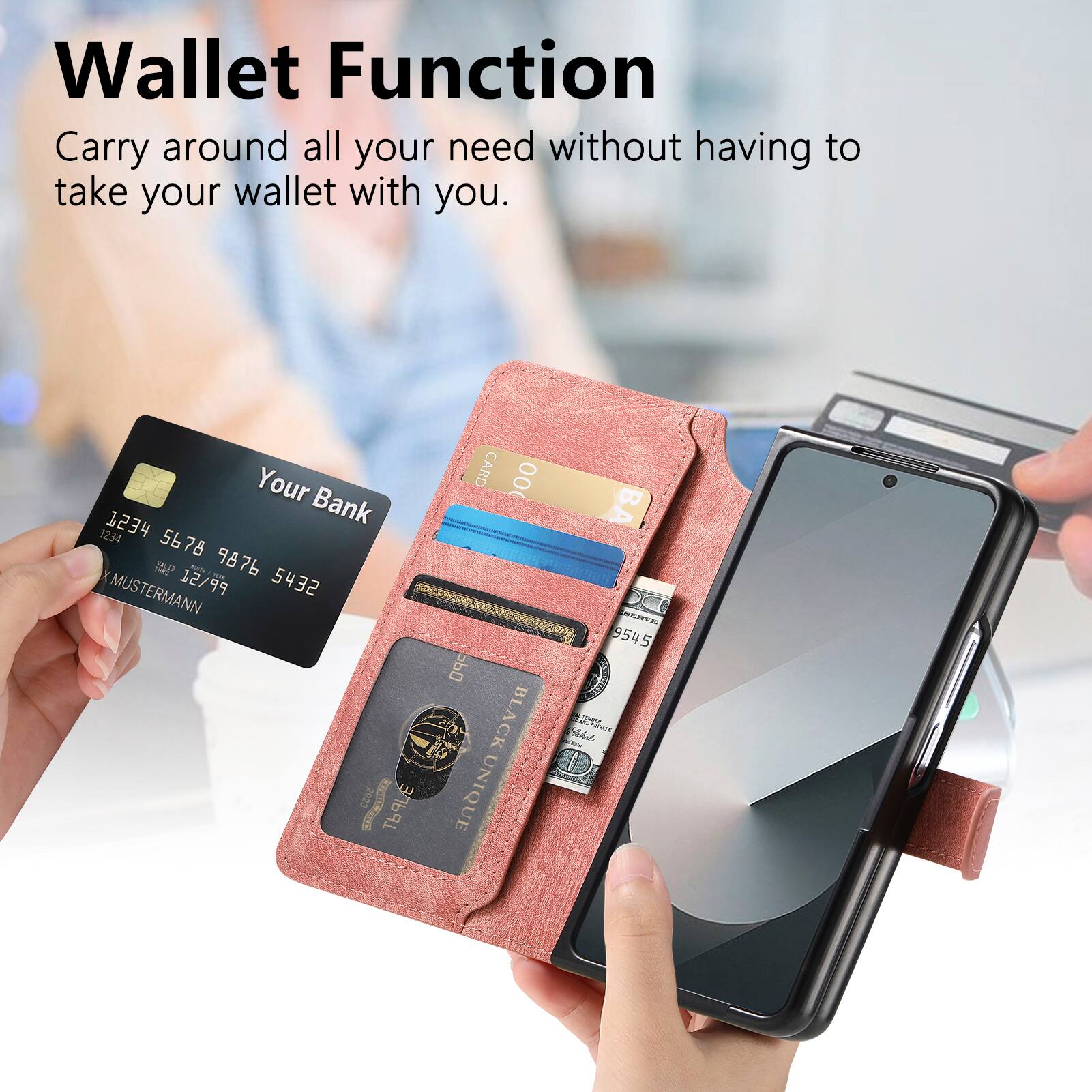 Wallet Function  
Carry around all your need without having to take your wallet with you.  

Your Bank  
1234 1234 5678 9876  
XMUSTERMANN  
12/99 5432 2023  

RICISMOWS  
LE CARD  
000  

BLACK UNIQUE B  
9545