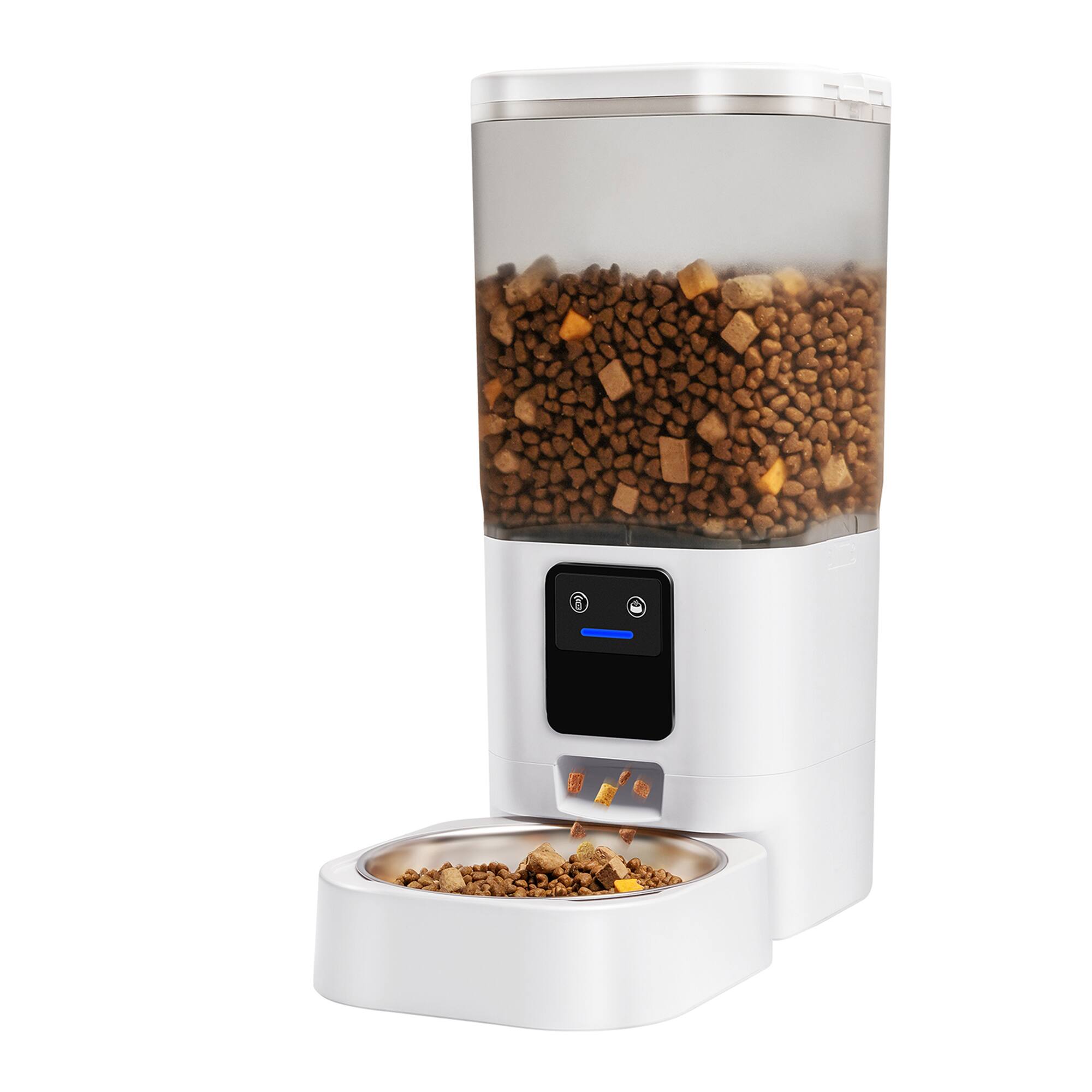 Angle. Frienhund - Automatic Cat Feeder with 5G WiFi, Slow Feed, Smart App Control, 7L Capacity, Alexa, 29 Cups, Easy to Clean - White.