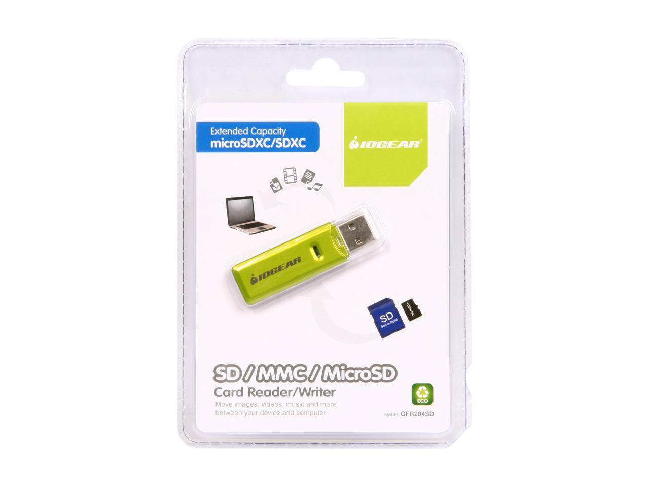 Extended Capacity microSDXC/SDXC  
IOGEAR SD Eagle SD/MMC/MicroSD Card Reader/Writer  
Move images, videos, music and more between your device and computer  
MODEL GFR204SD