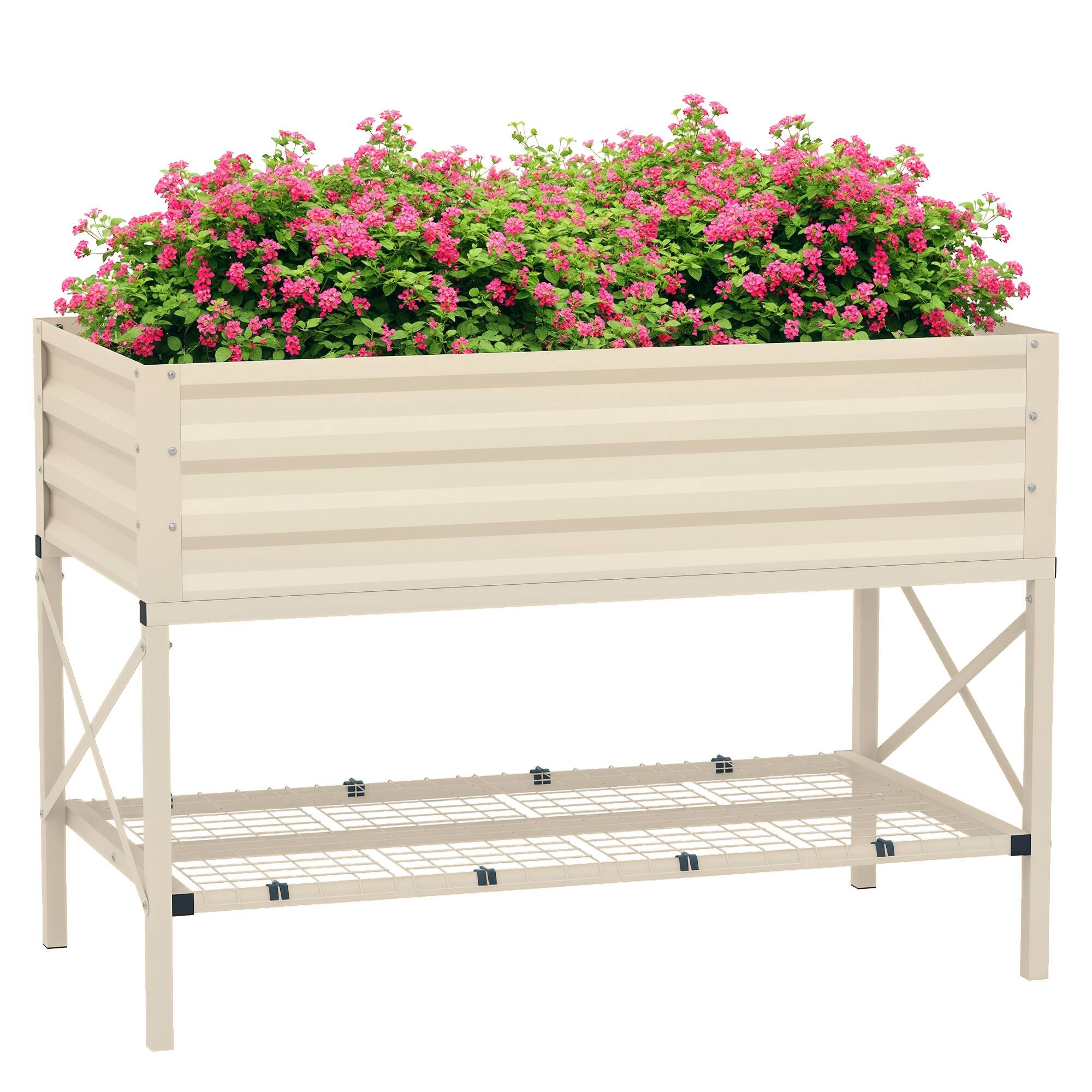 Outsunny - Raised Garden Bed with Galvanized Steel Frame, Storage Shelf and Bed Liner, Elevated Planter Box with Legs - Cream White