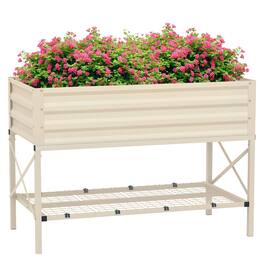 Outsunny - Raised Garden Bed with Galvanized Steel Frame, Storage Shelf and Bed Liner, Elevated Planter Box with Legs - Cream White