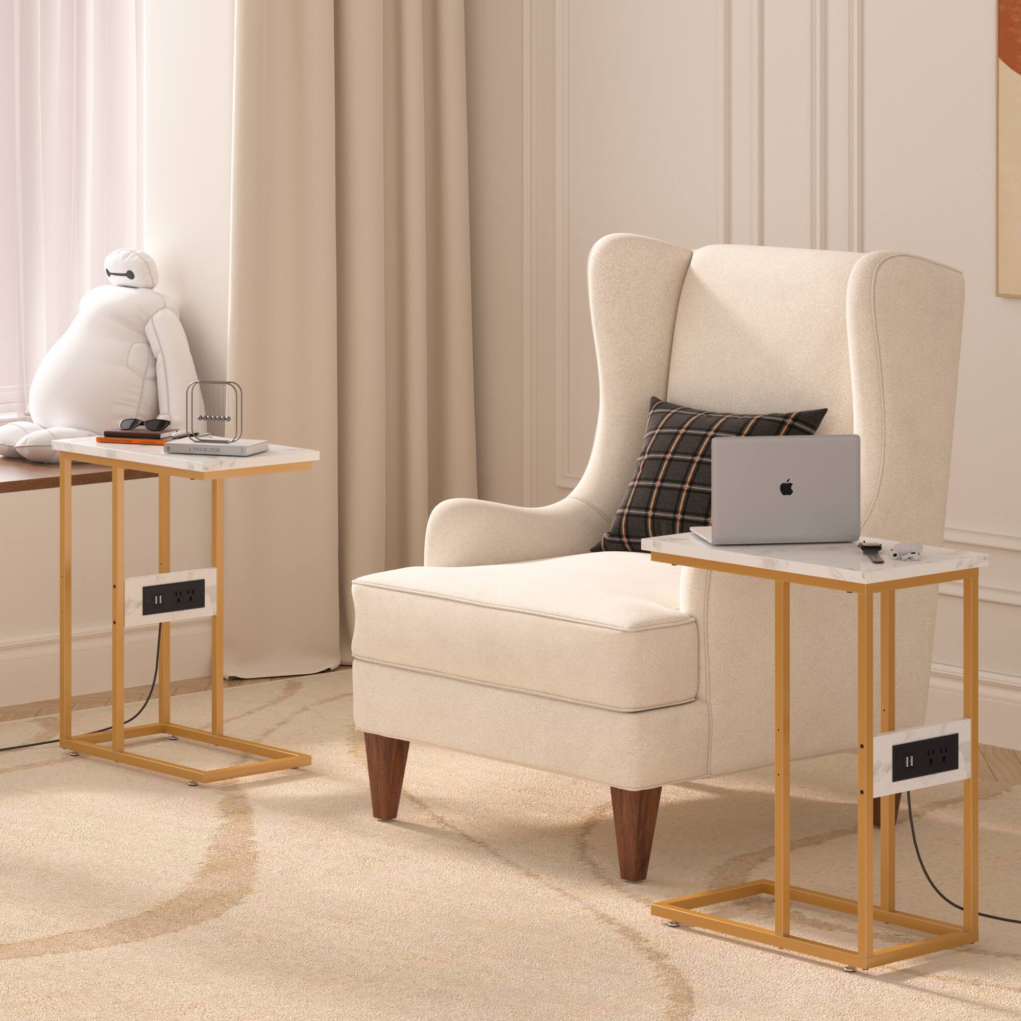 Angle. Vecelo - 2Pack C Shaped End Table with socket, Sofa Side Table with Metal Frame, Easy to Assemble Snack Table - Gold.