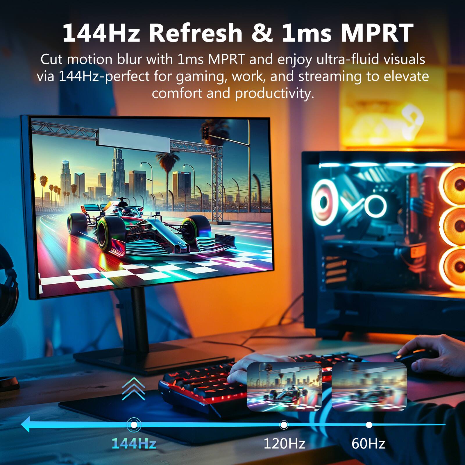 144Hz Refresh & 1ms MPRT

Cut motion blur with 1ms MPRT and enjoy ultra-fluid visuals via 144Hz-perfect for gaming, work, and streaming to elevate comfort and productivity.

144Hz
120Hz
60Hz