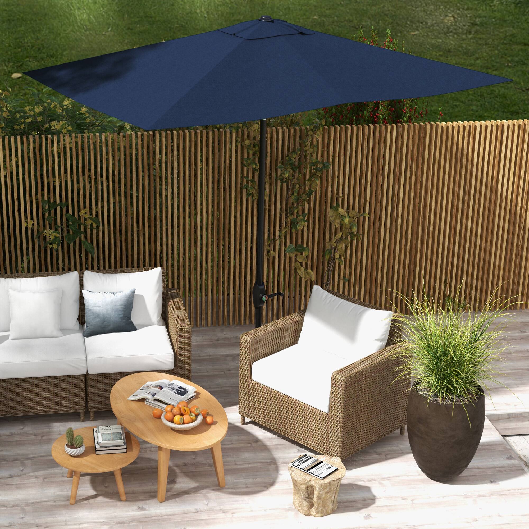 Alt View 7. Outsunny - 6.5' x 10' Rectangular Market Umbrella, Patio Outdoor Table Umbrella with Crank and Push Button Tilt - Blue.