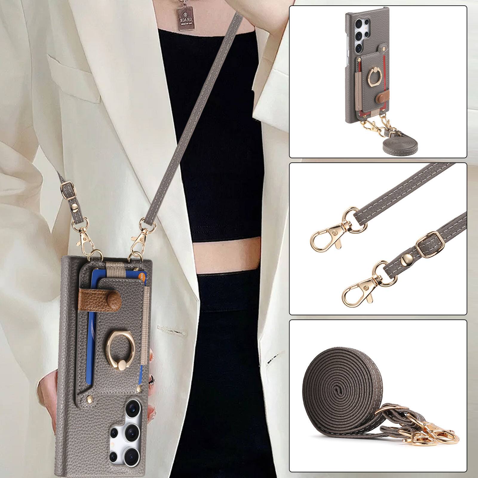 Alt View 5. Dteck - Lychee Texture Wallet Case for Samsung Galaxy S25 Ultra with Ring Stand,Crossbody Faux Leather Cover with Card Holder - Gray.