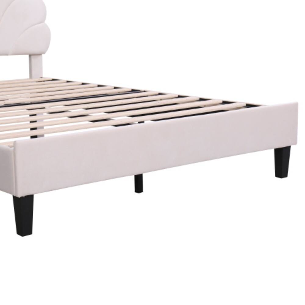 Alt View 4. LUCKY ONE - Queen Size Upholstered Platform Bed with Flower Pattern Velvet Headboard, Wood Slats, No Box Spring Needed - Beige.