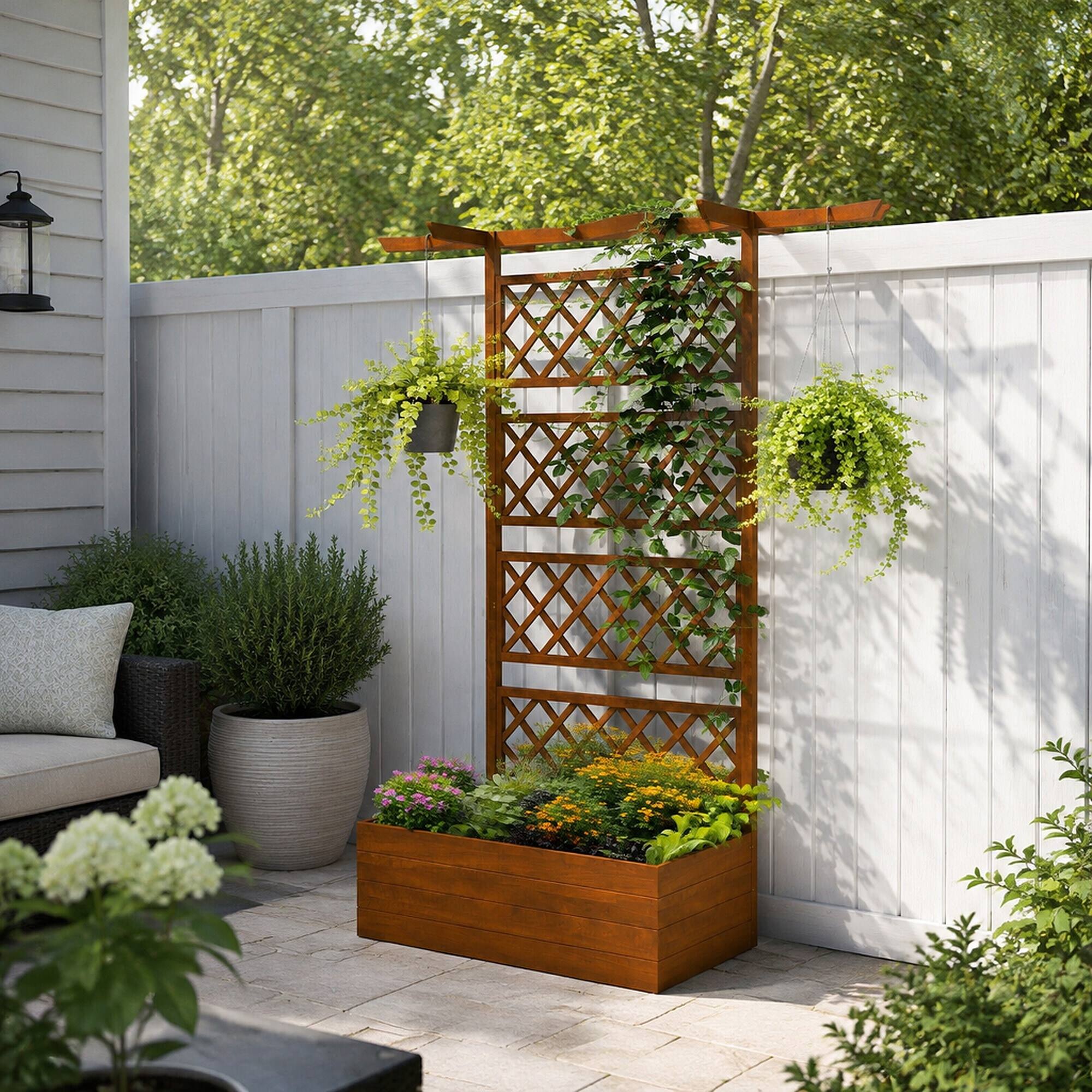 Back. RYHNUYNE - Outsunny Wood Planter with Trellis and Roof, Raised Garden Bed for Climbing Plants, Vegetables and Flowers, Firwood - Orange.