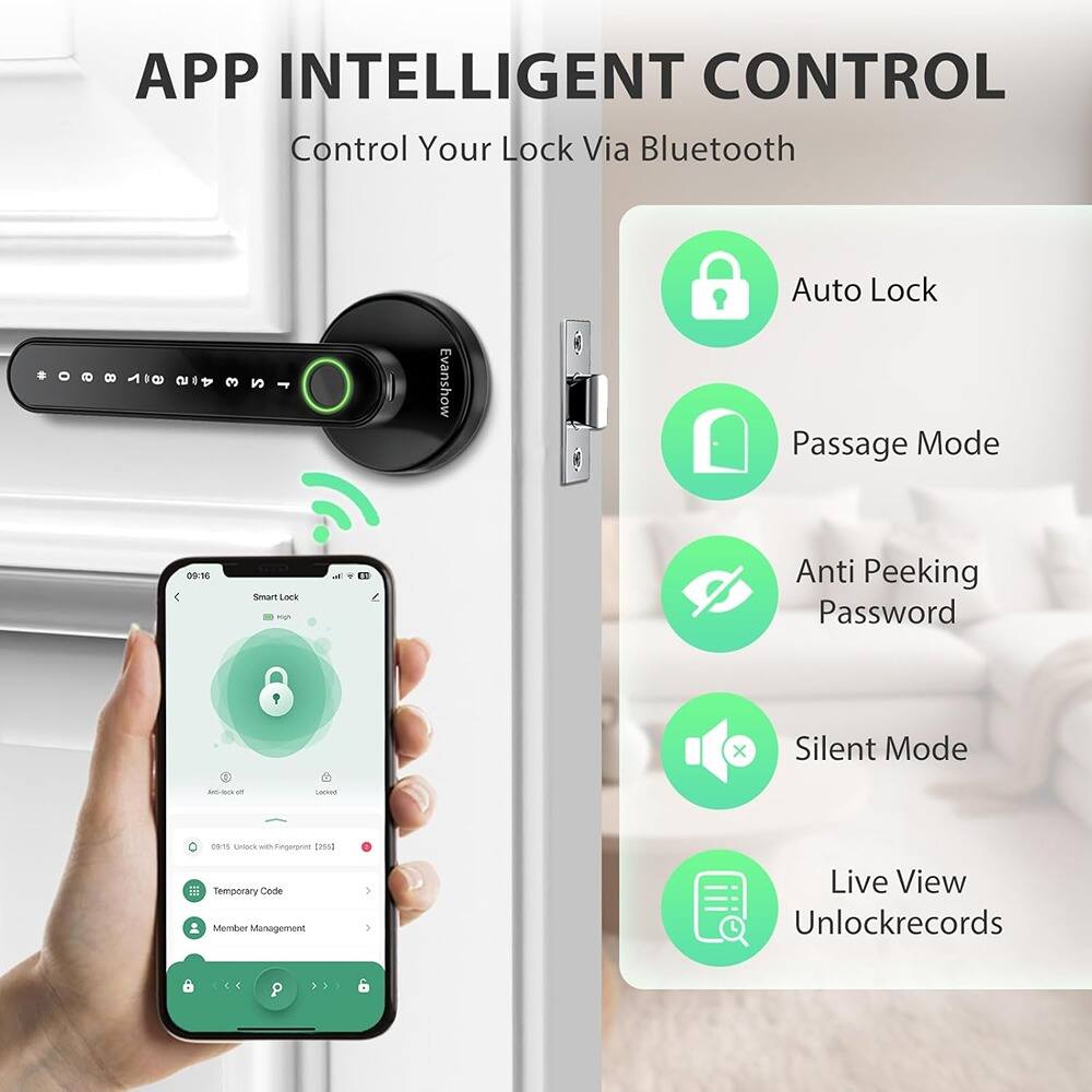 APP INTELLIGENT CONTROL  
Control Your Lock Via Bluetooth  

- Auto Lock  
- Passage Mode  
- Anti Peeking Password  
- Silent Mode  
- Live View  
- Unlockrecords  

Temporary Code  
Member Management  

Smart Lock  
Anti Lock off  
Locked  
09:15 Unlock with Fingerprint [1861]