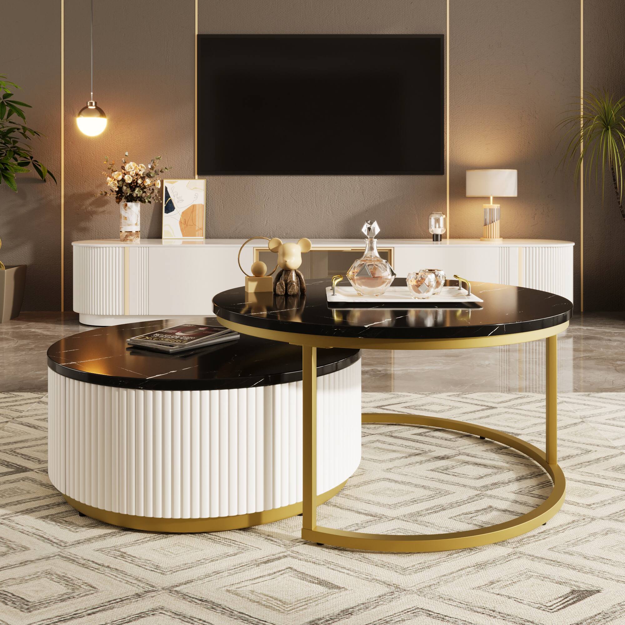 Alt View 2. GOODSILO - Modern Round Nesting Coffee Table with Fluted Design and Drawer for Living Room - Black.