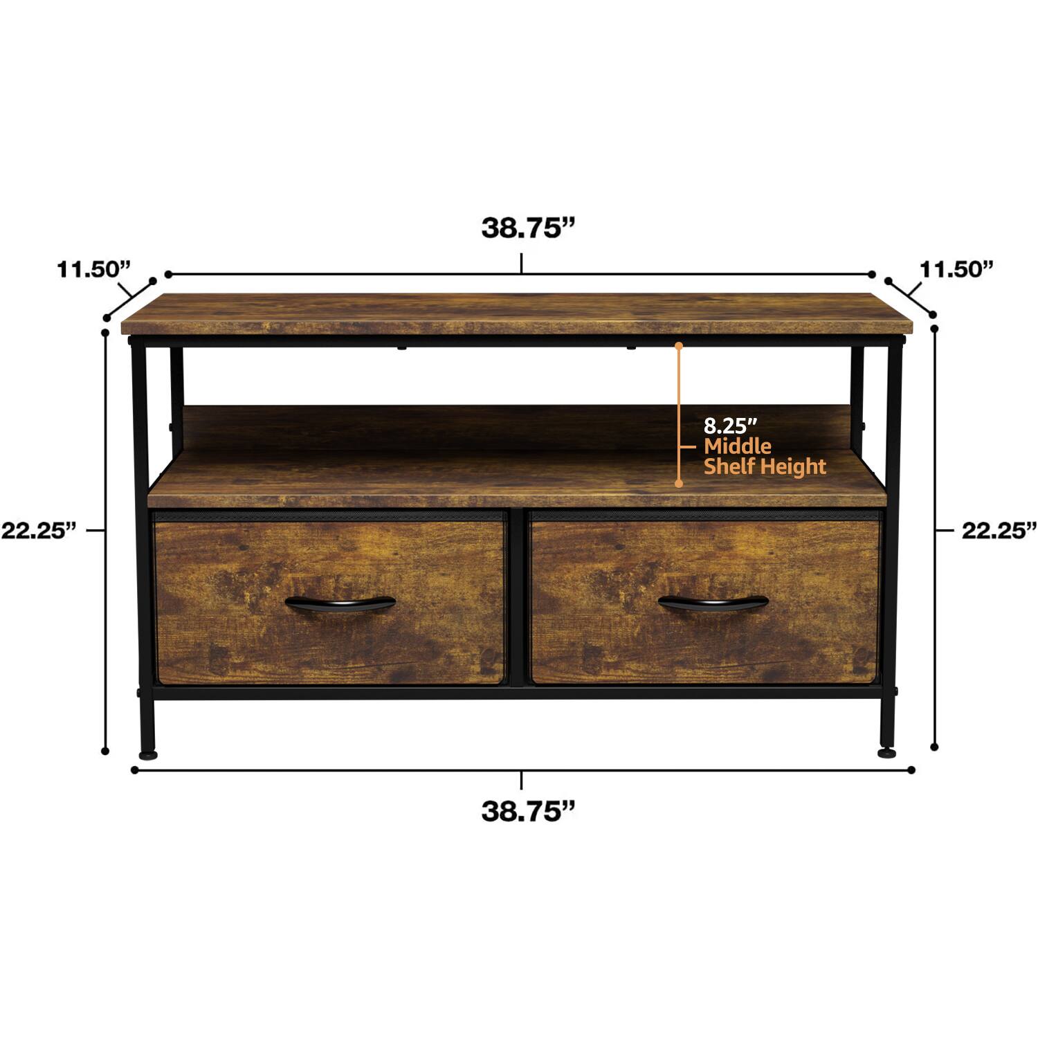 - Width: 38.75"
- Depth: 11.50"
- Height: 22.25"
- Middle Shelf Height: 8.25"