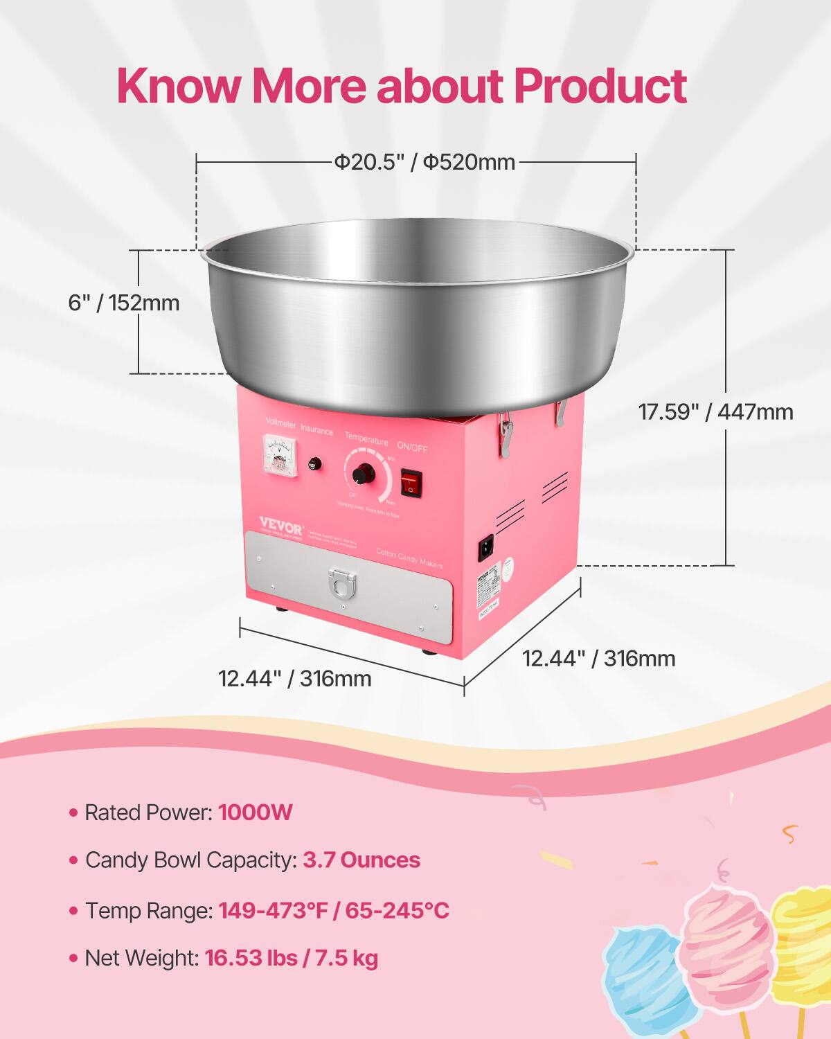 Know More about Product

20.5" / 520mm
6" / 152mm
17.59" / 447mm
2.44" / 316mm
12.44" / 316mm

Rated Power: 1000W
Candy Bowl Capacity: 3.7 Ounces
Temp Range: 149-473°F / 65-245°C
Net Weight: 16.53 lbs / 7.5 kg