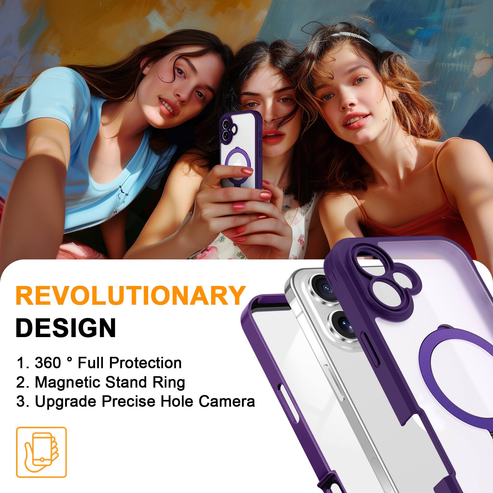 REVOLUTIONARY DESIGN
1. 360° Full Protection
2. Magnetic Stand Ring
3. Upgrade Precise Hole Camera