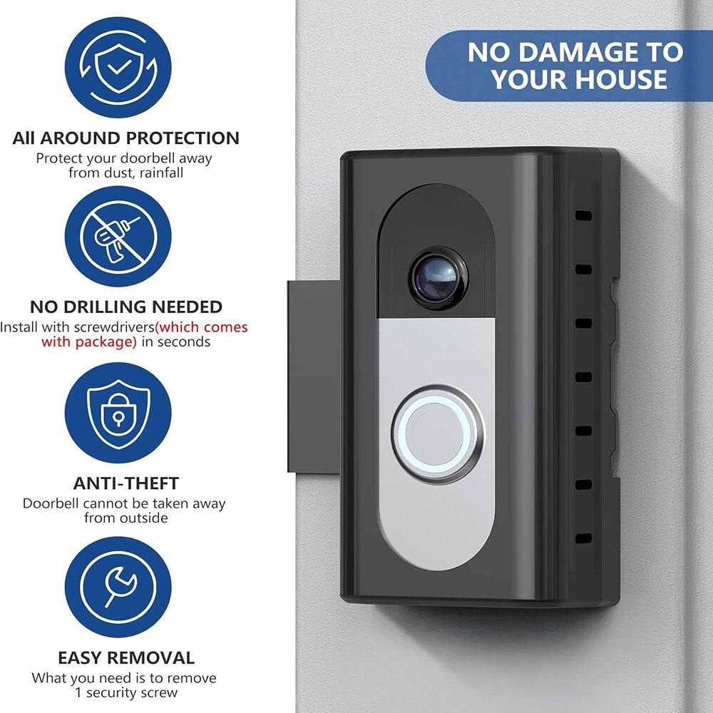 - NO DAMAGE TO YOUR HOUSE
- ALL AROUND PROTECTION
  Protect your doorbell away from dust, rainfall
- NO DRILLING NEEDED
  Install with screwdrivers (which comes with package) in seconds
- ANTI-THEFT
  Doorbell cannot be taken away from outside
- EASY REMOVAL
  What you need is to remove 1 security screw