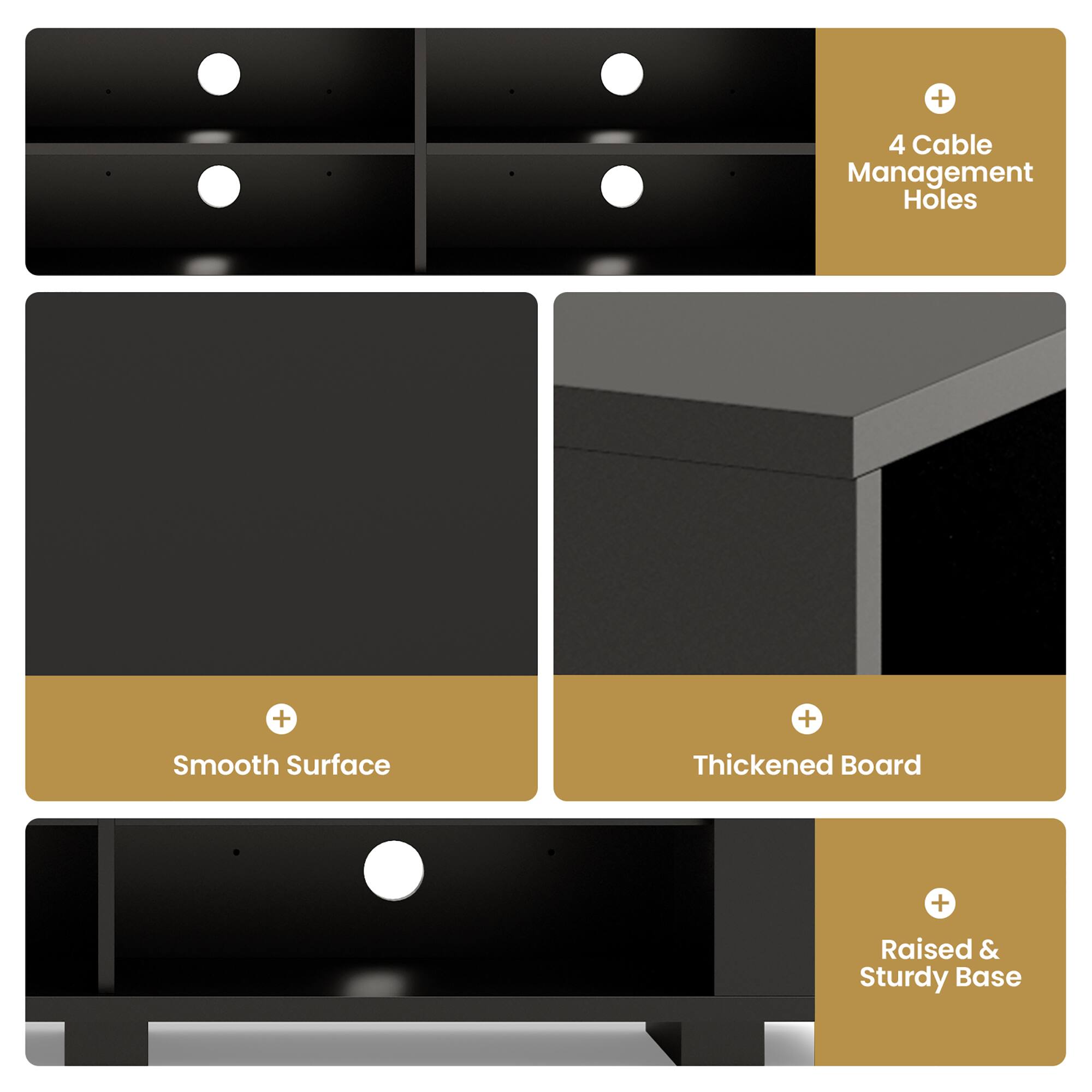 The image shows a black cabinet with four cable management holes. The cabinet also features a smooth surface and a thickened board. Additionally, it has a raised and sturdy base.