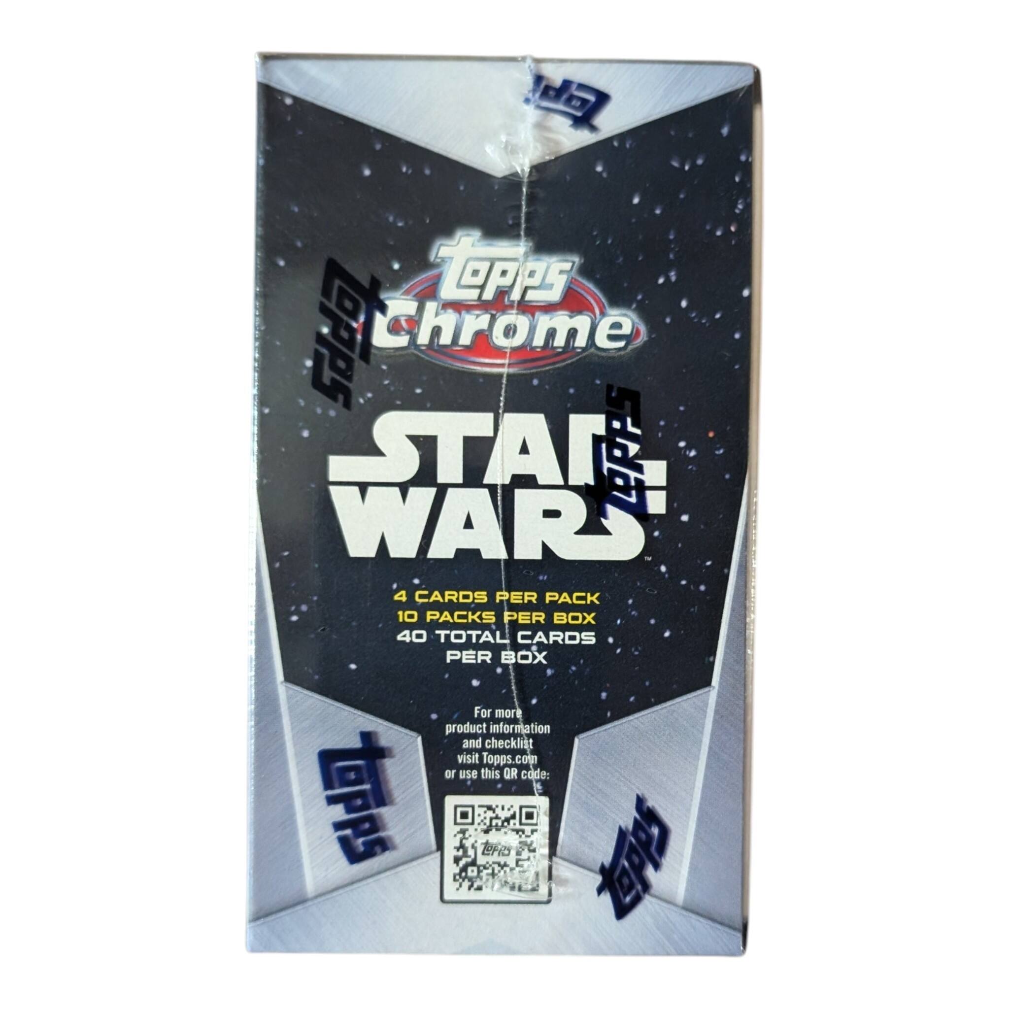 Sob! topps Topps Chrome STAR WARS Lepps 4 CARDS PER PACK 10 PACKS PER BOX 40 TOTAL CARDS PER BOX For more product information and checklist visit Topps.com or use this QR code: topps topps