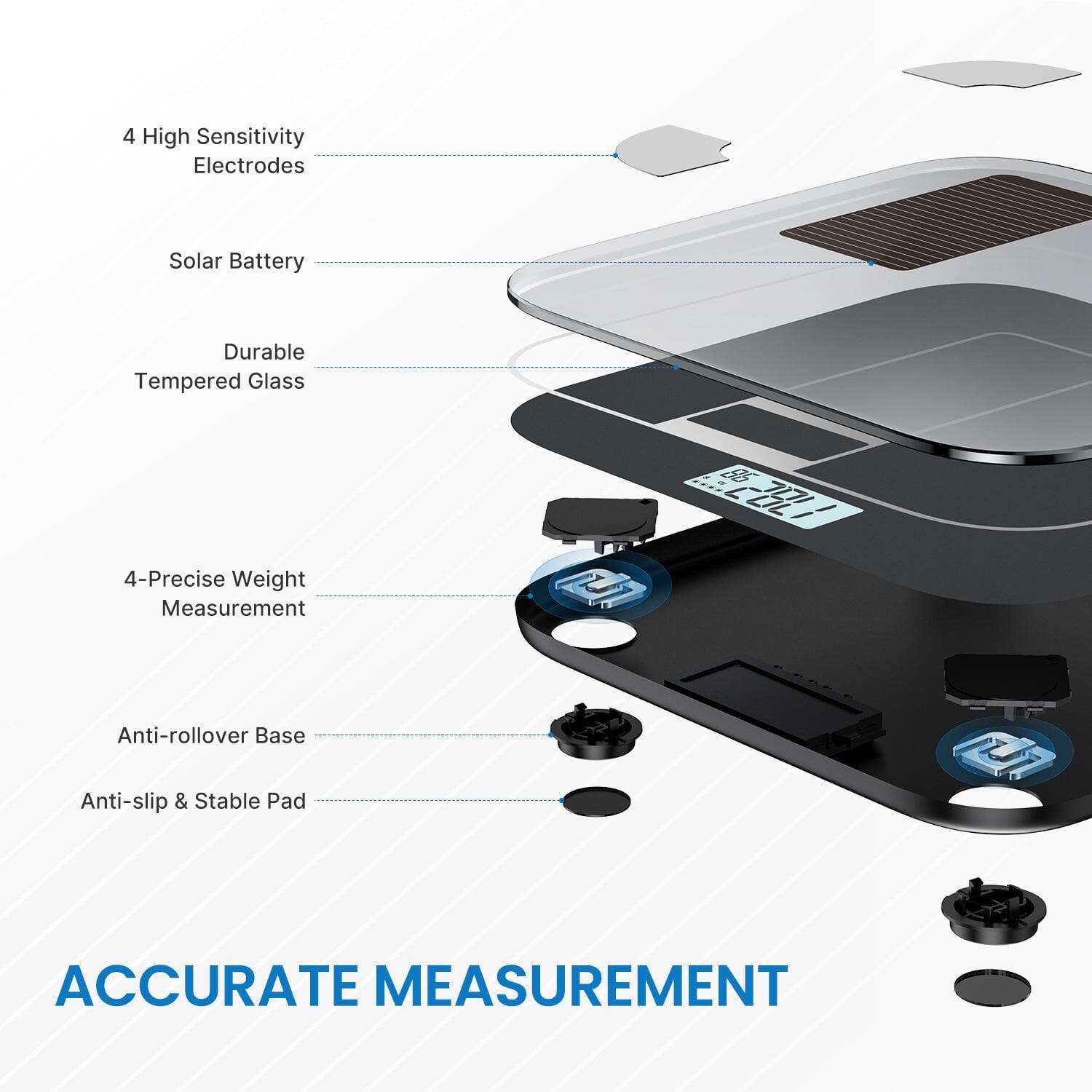 4 High Sensitivity Electrodes  
Solar Battery  
Durable Tempered Glass  
4-Precise Weight Measurement  
Anti-rollover Base  
Anti-slip & Stable Pad  
ACCURATE MEASUREMENT