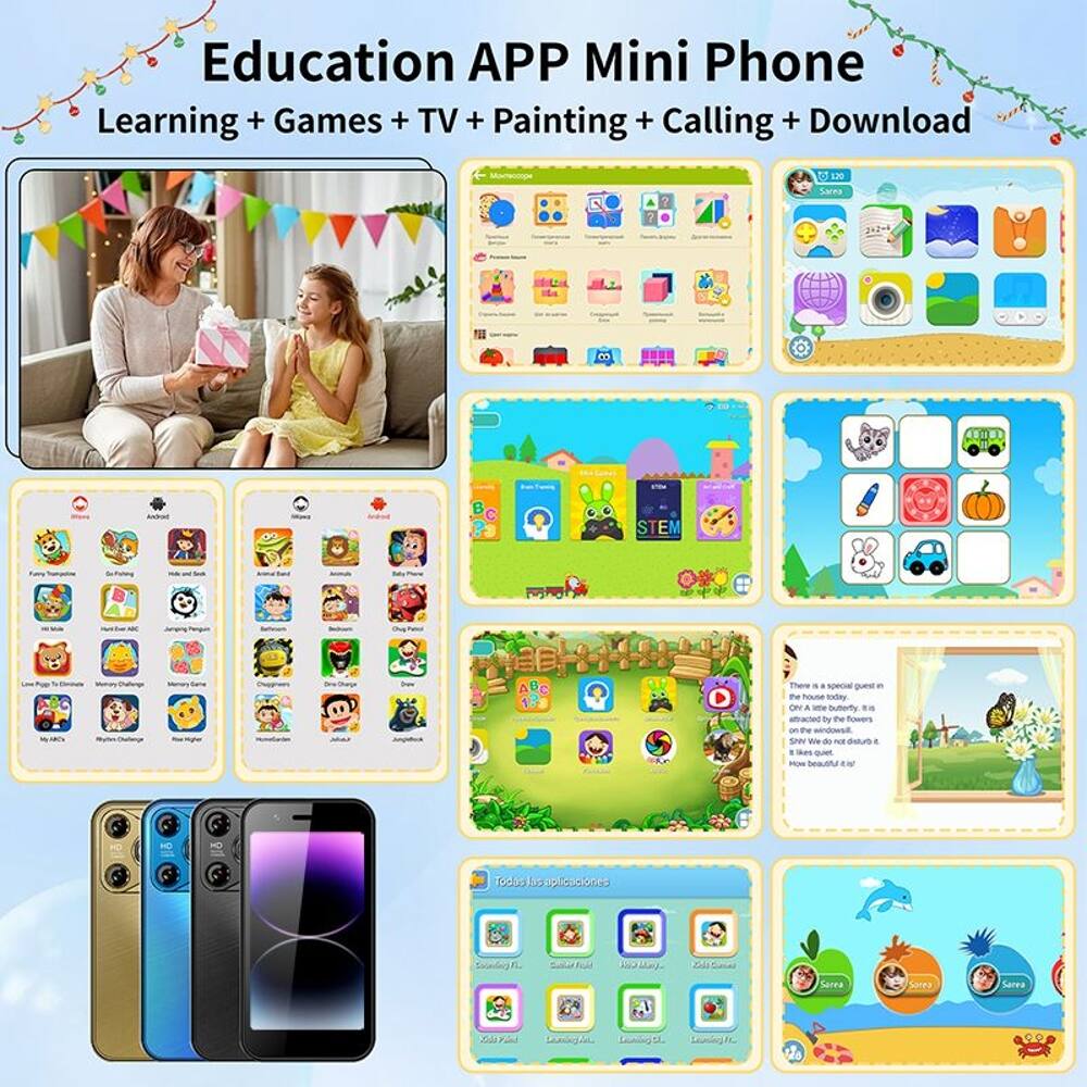 Education APP Mini Phone  
Learning + Games + TV + Painting + Calling + Download  

120 Sacra de Andons  
1 STEM Thare  

- Quest  
- The hause todey  
- ON A ame butorty aroctec bu the owers  
- The SI W e N au  
- . s q ow beautta P Tookia lup upissaones  
- 150 als Sarea Sunea Sarea ola