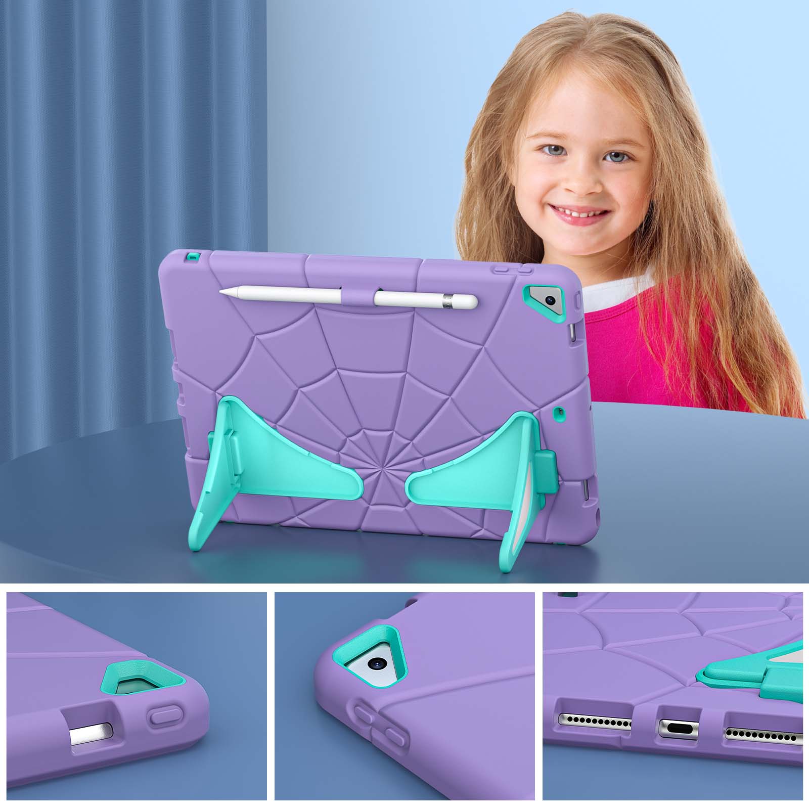 Alt View 4. UUCOVER - Kids Case for iPad 9th 8th 7th Gen 10.2-inch (2021/2020/2019) ,Shockproof TPU+PC Rugged Stand Case Protective Cover - Purple+Mint.