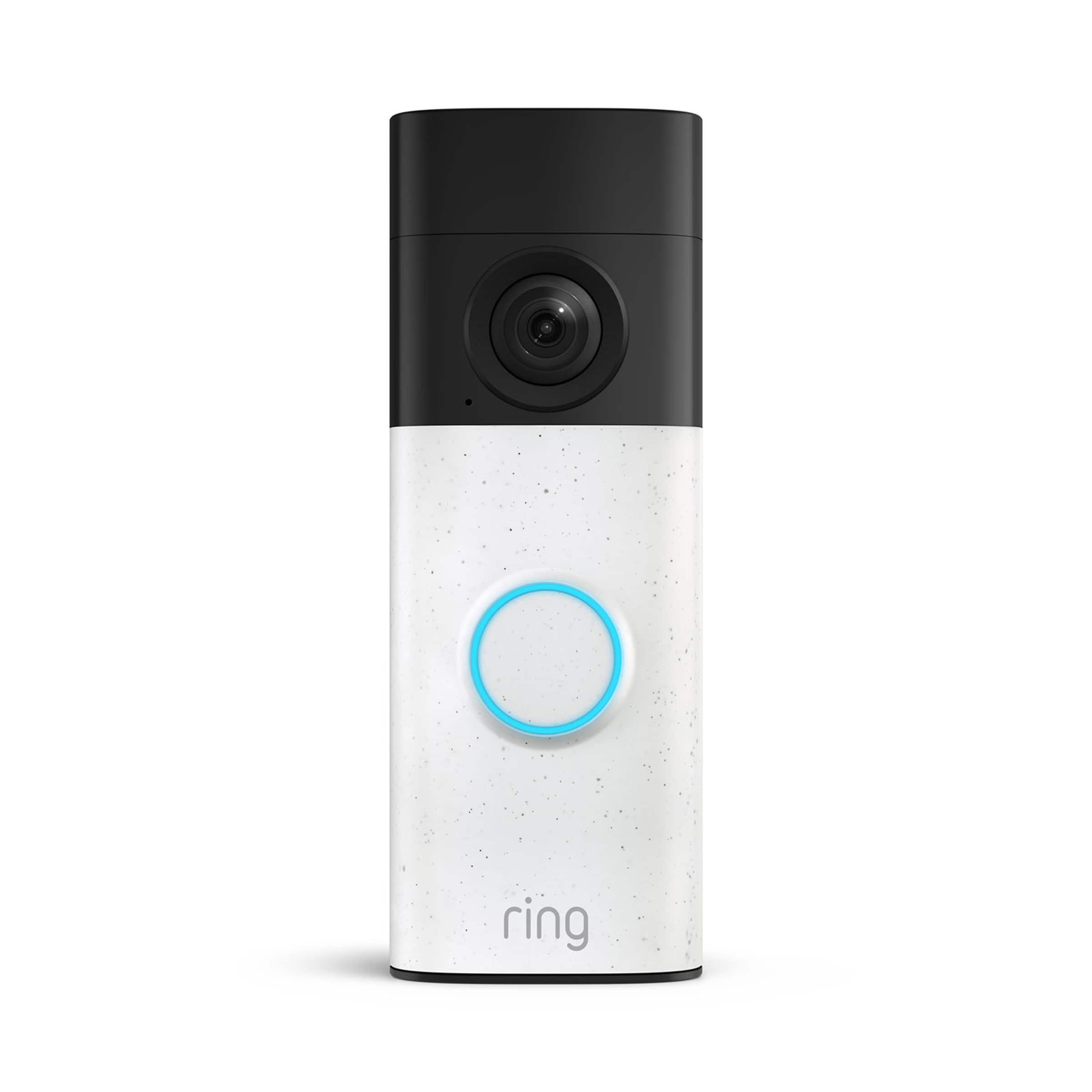 Front. Ring - Ring Battery Doorbell (newest model) Retinal 2K with wide-angle video, up to 6x Zoom, Two-Way Talk, and Built-In Battery - Speckled White.