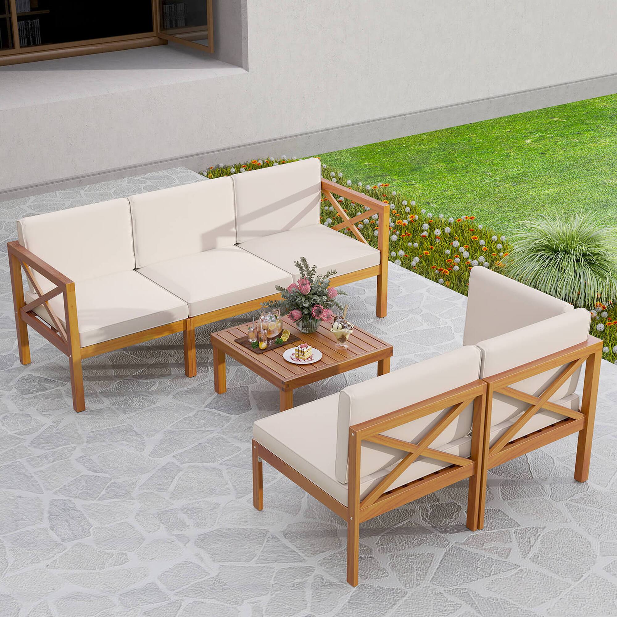Alt View 3. Costway - 6 PCS Acacia Wood Patio Furniture Set with Cushions and Coffee Table for Garden - Off White,Natural.