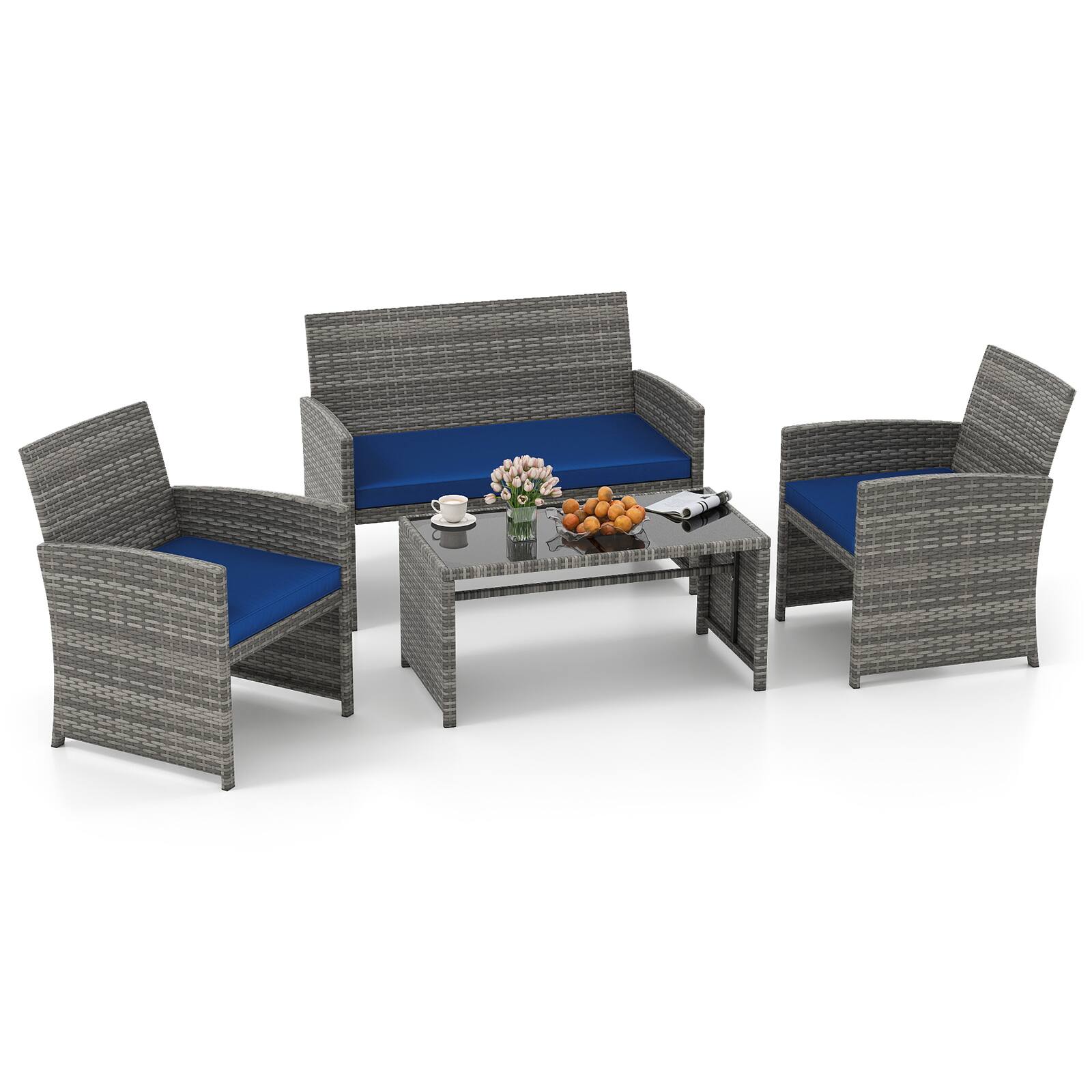 Alt View 1. Gymax - Gymax 4PCS Patio Outdoor Rattan Conversation Furniture Set w/ Navy Cushion - Navy.